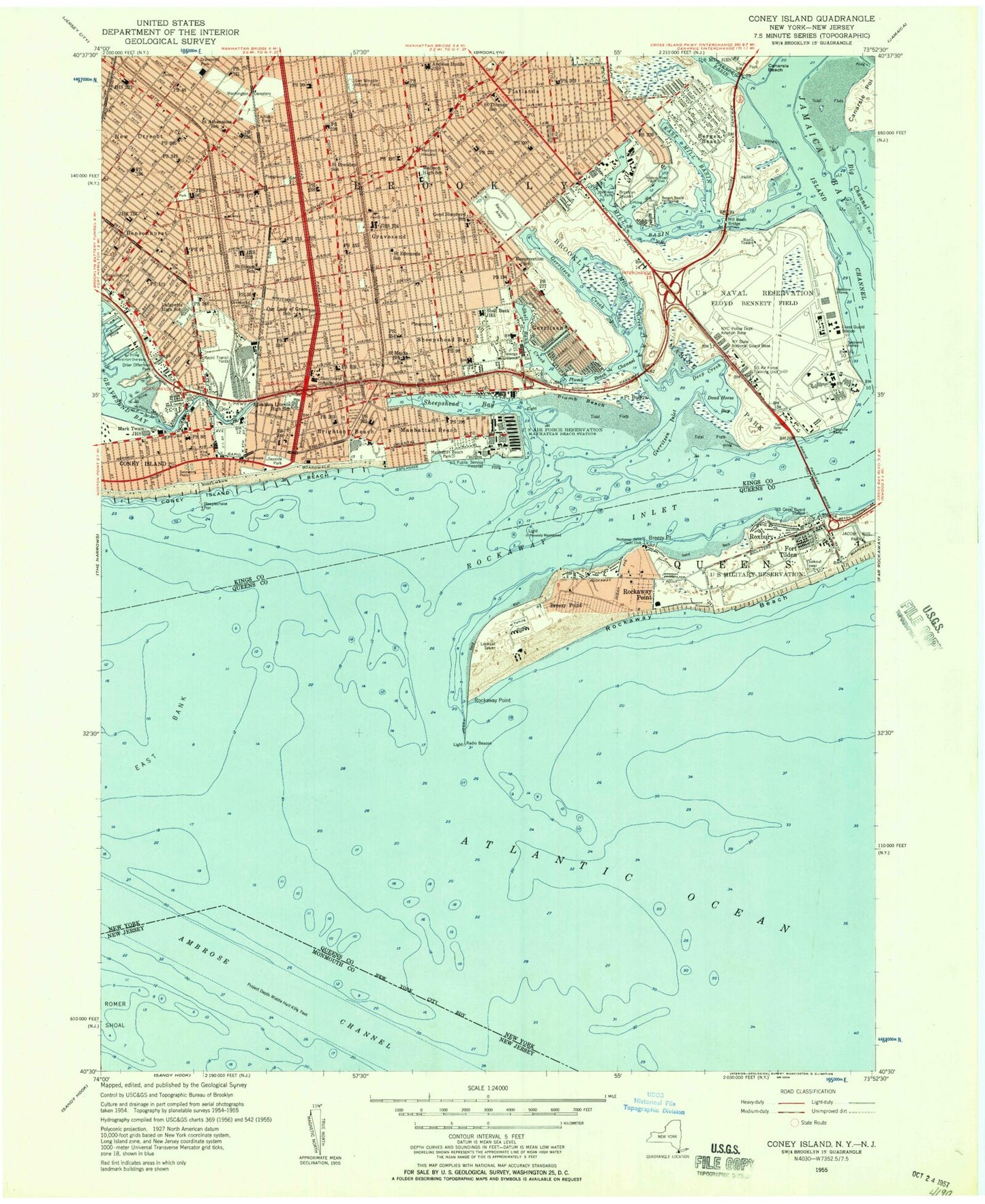 Classic USGS Coney Island New York 7.5'x7.5' Topo Map Image
