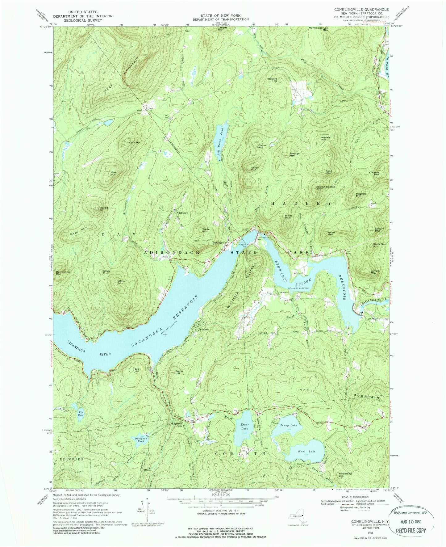 Classic USGS Conklingville New York 7.5'x7.5' Topo Map Image