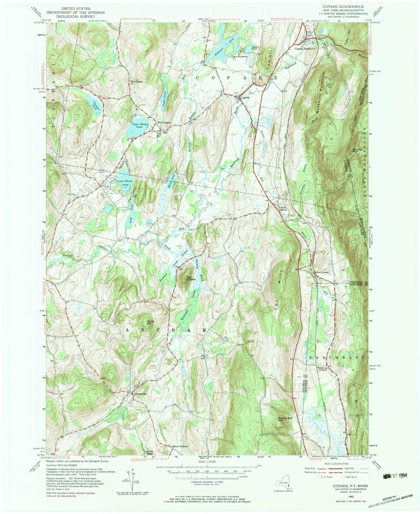 Classic USGS Copake New York 7.5'x7.5' Topo Map Image