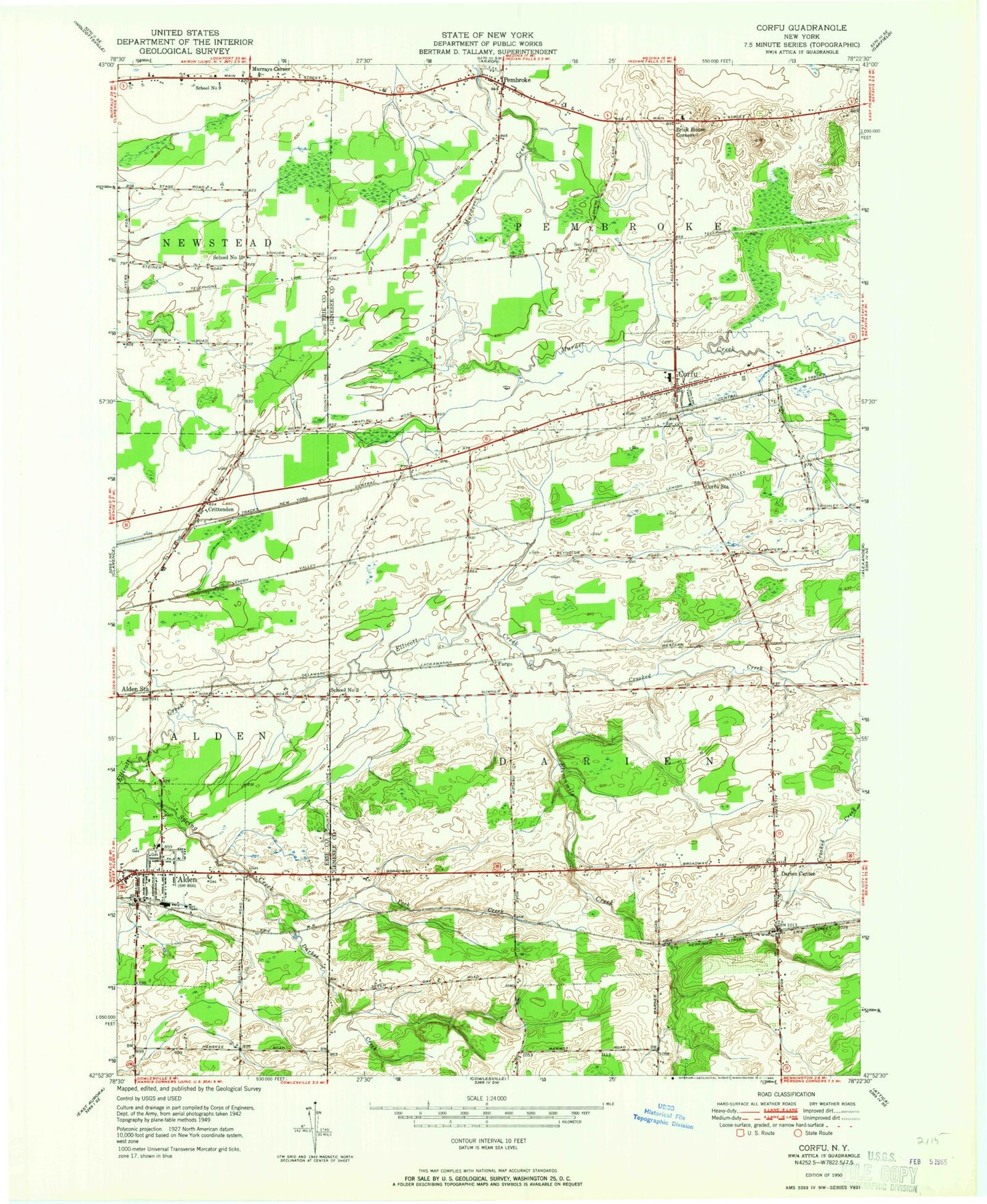 Classic USGS Corfu New York 7.5'x7.5' Topo Map Image