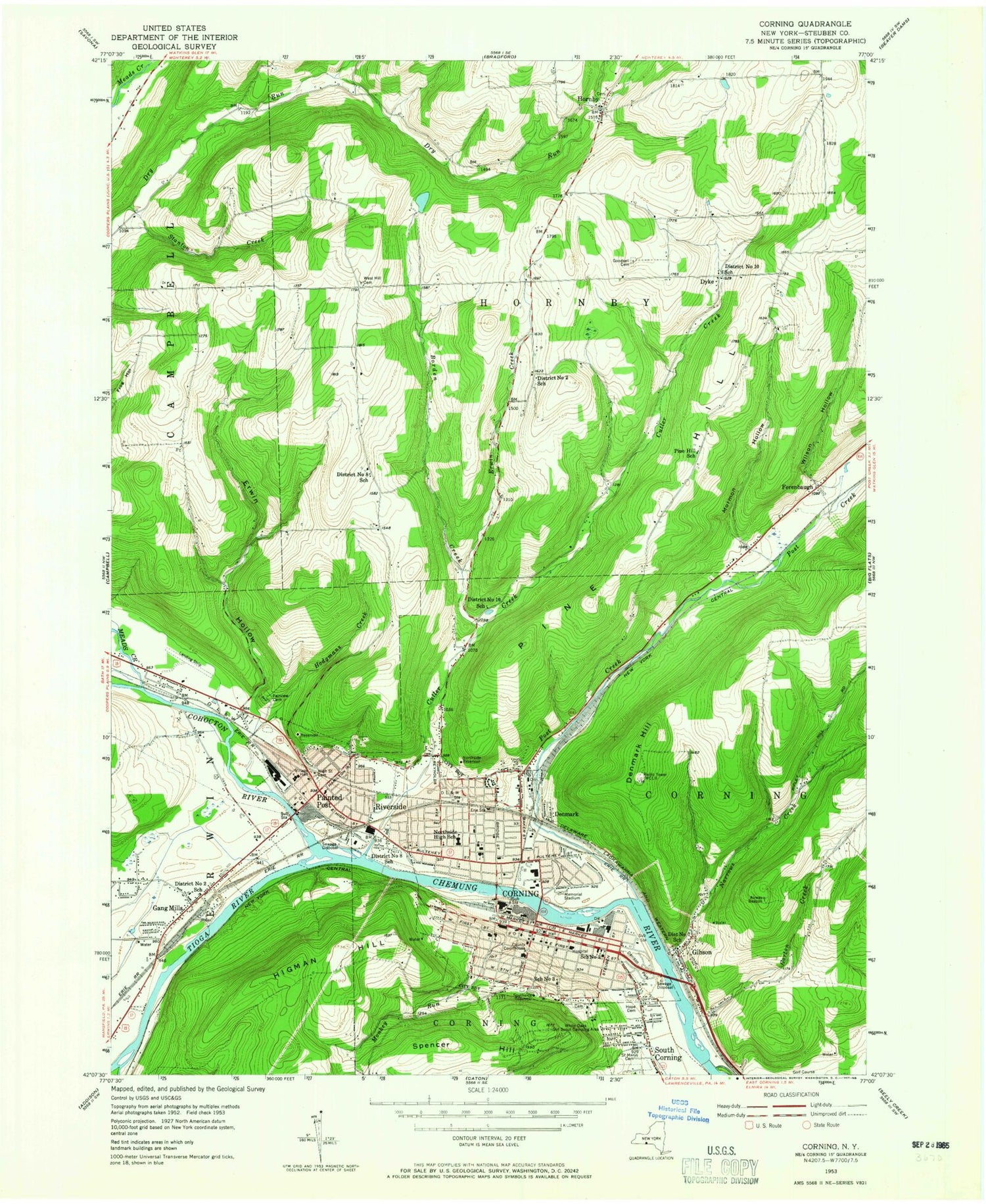 Classic USGS Corning New York 7.5'x7.5' Topo Map Image