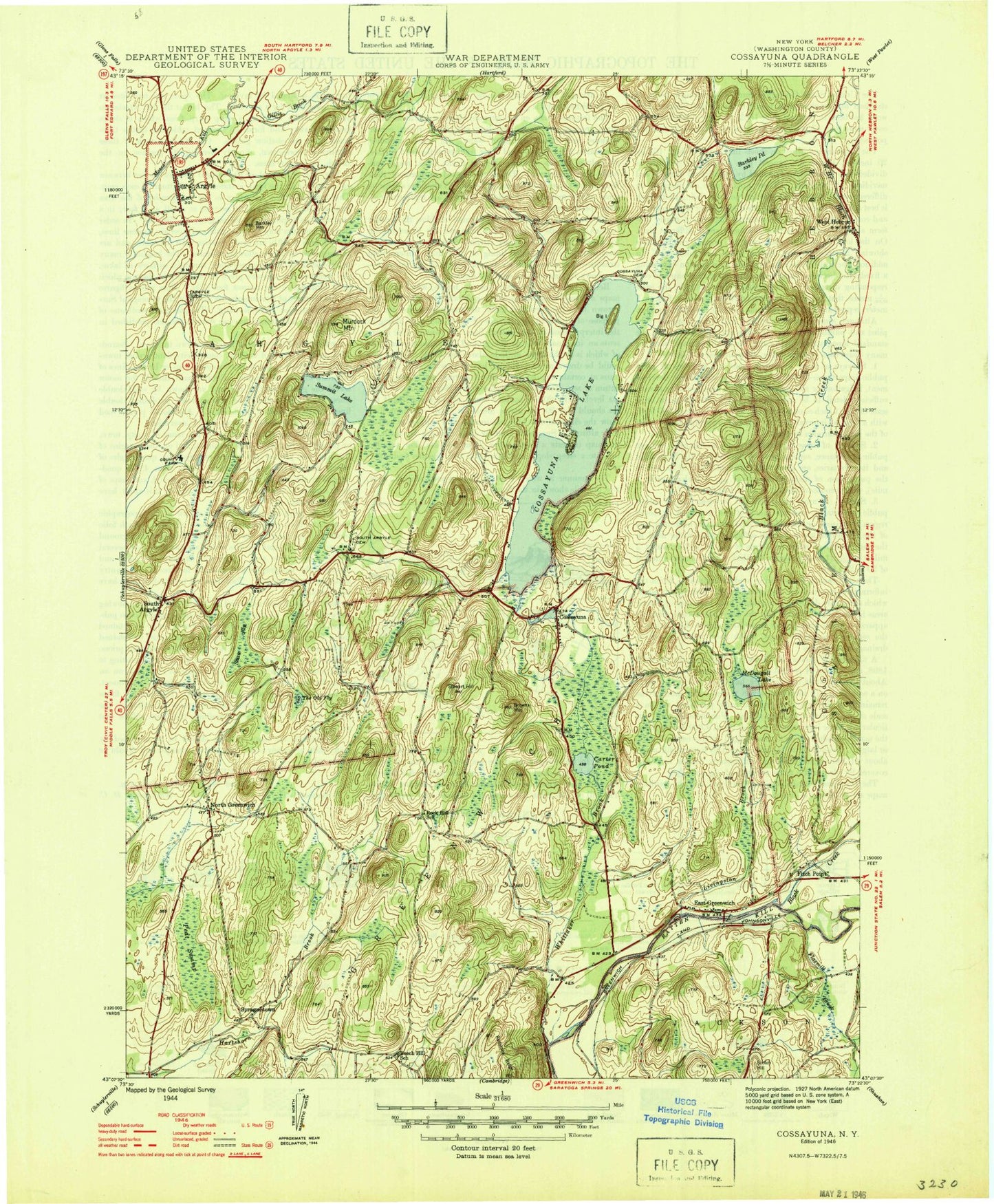 Classic USGS Cossayuna New York 7.5'x7.5' Topo Map Image
