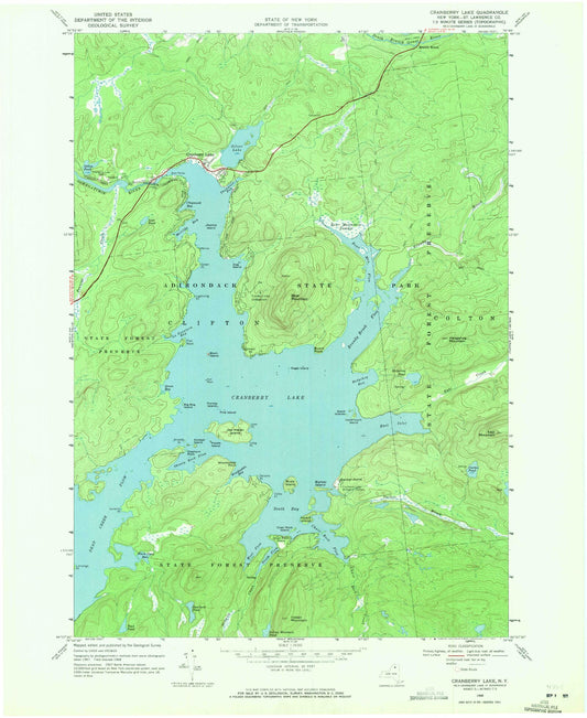 USGS Classic Cranberry Lake New York 7.5'x7.5' Topo Map Image