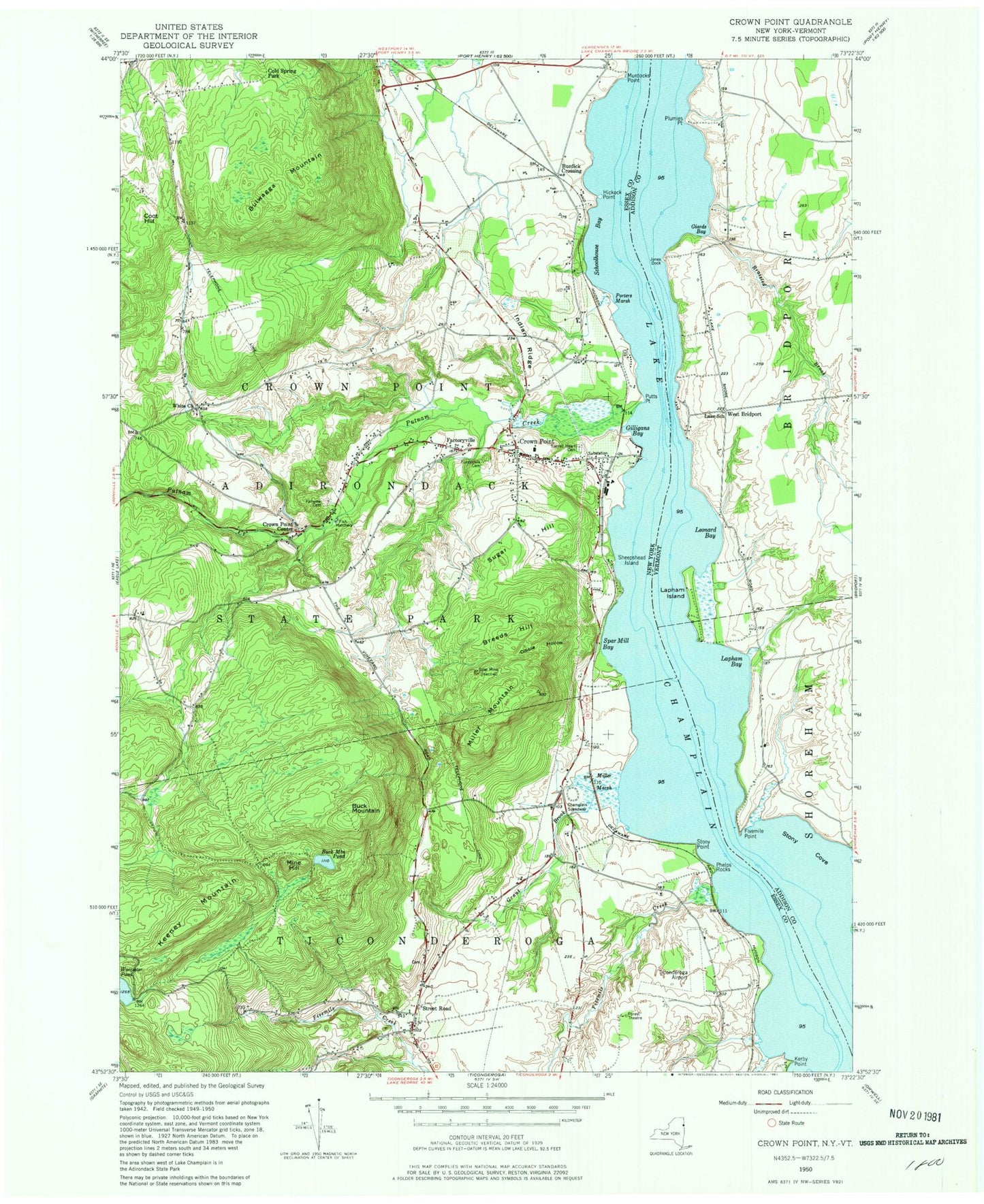 Classic USGS Crown Point New York 7.5'x7.5' Topo Map Image