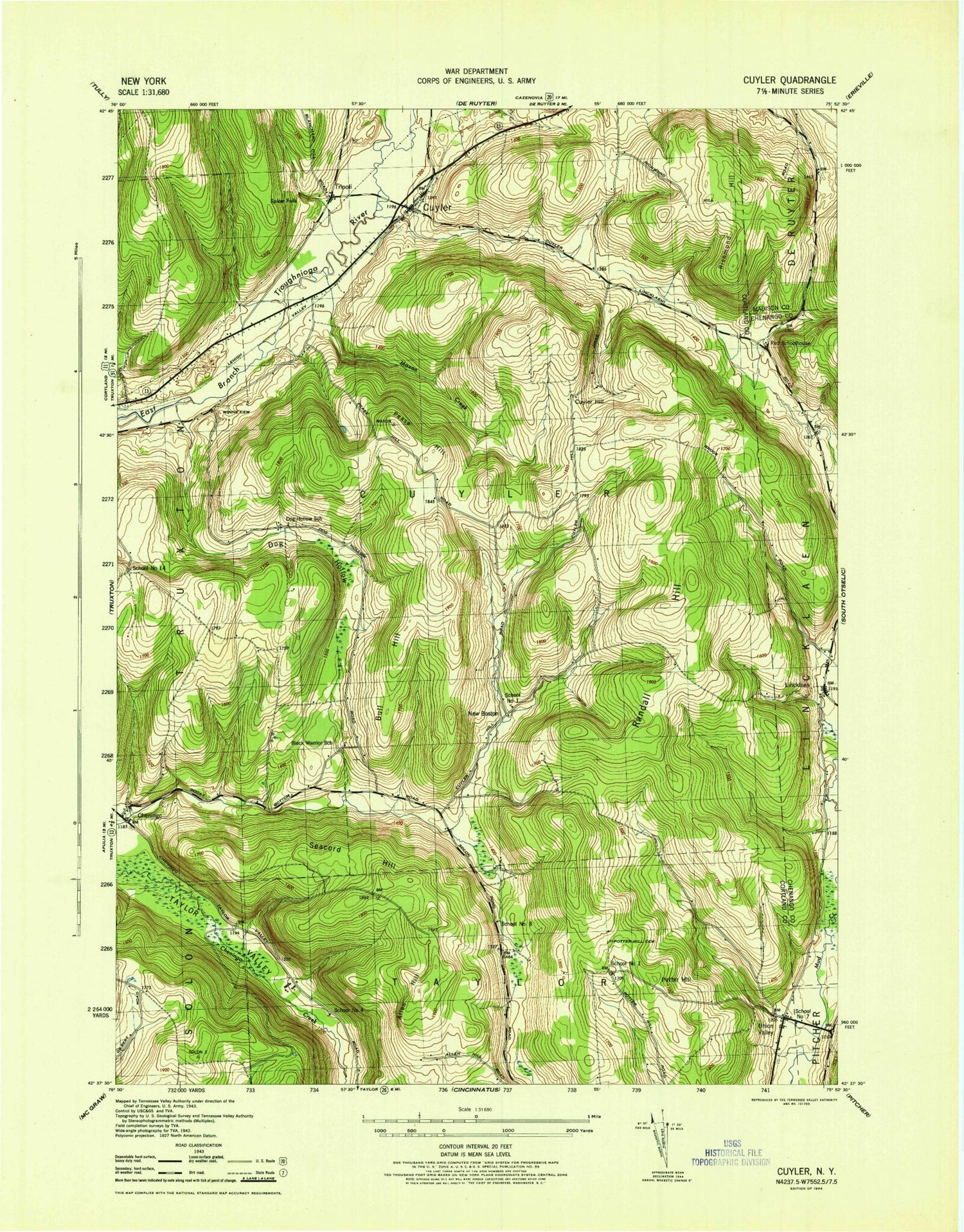 Classic USGS Cuyler New York 7.5'x7.5' Topo Map Image