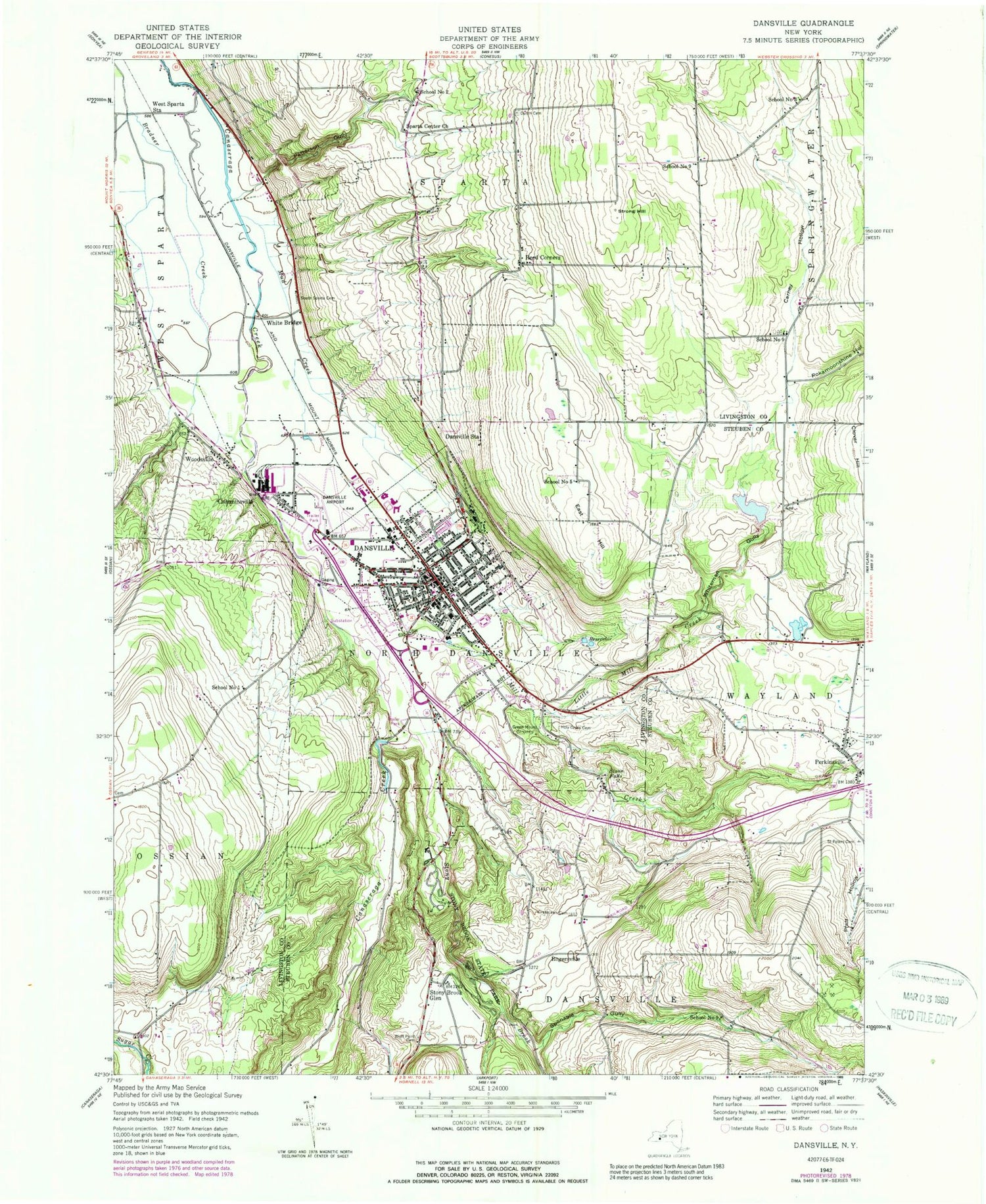 Classic USGS Dansville New York 7.5'x7.5' Topo Map Image