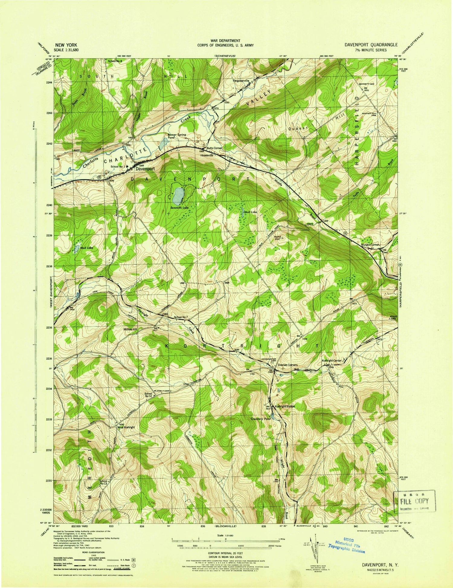 Classic USGS Davenport New York 7.5'x7.5' Topo Map Image