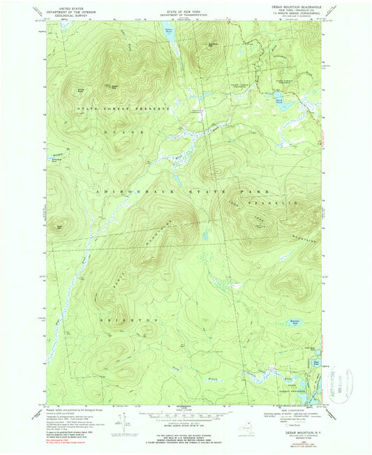 Classic USGS Debar Mountain New York 7.5'x7.5' Topo Map Image