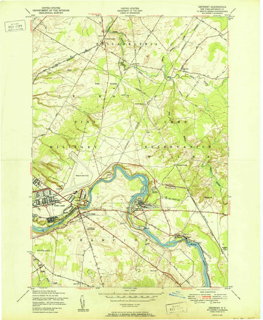 Classic USGS Deferiet New York 7.5'x7.5' Topo Map Image
