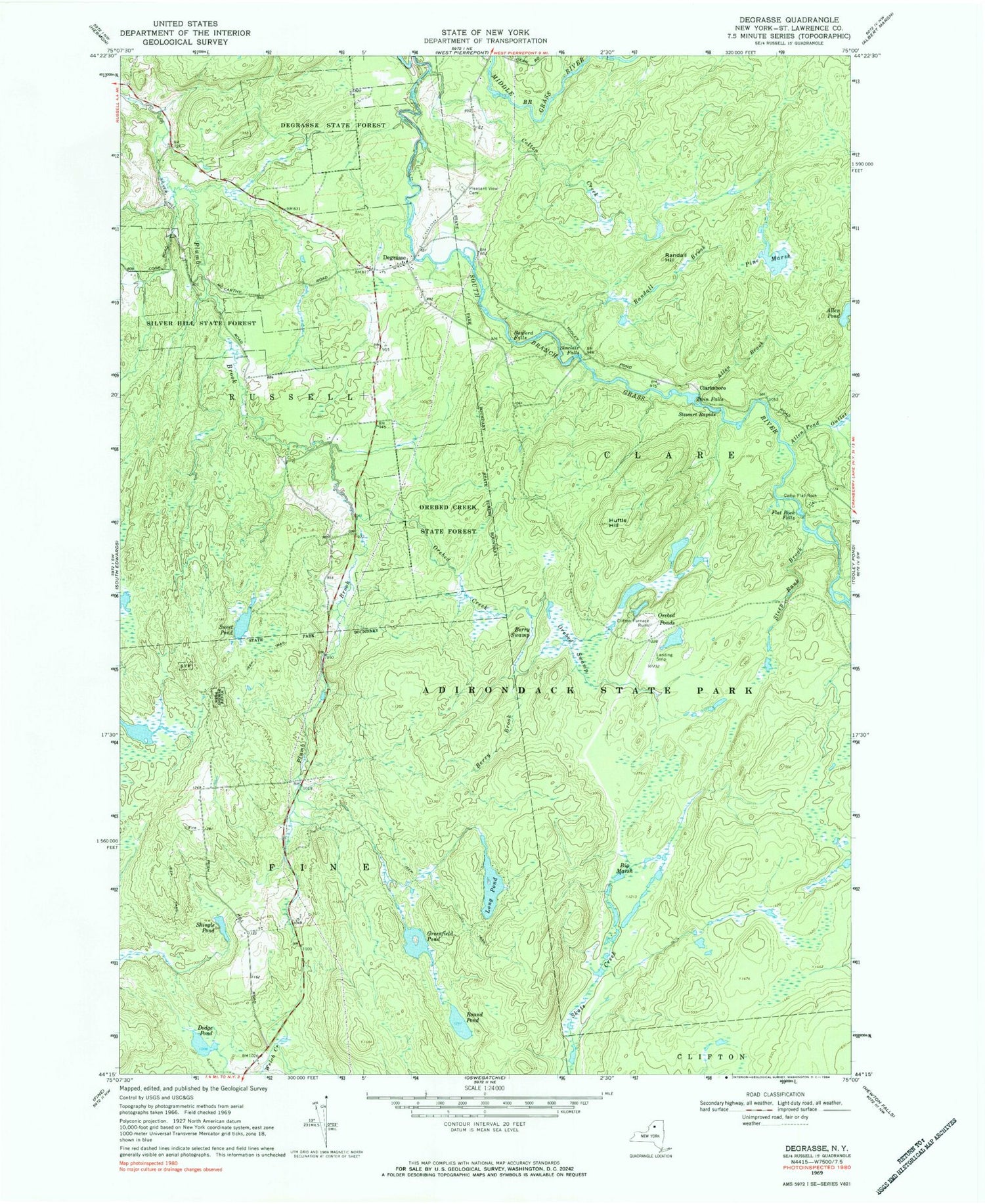 Classic USGS Degrasse New York 7.5'x7.5' Topo Map Image