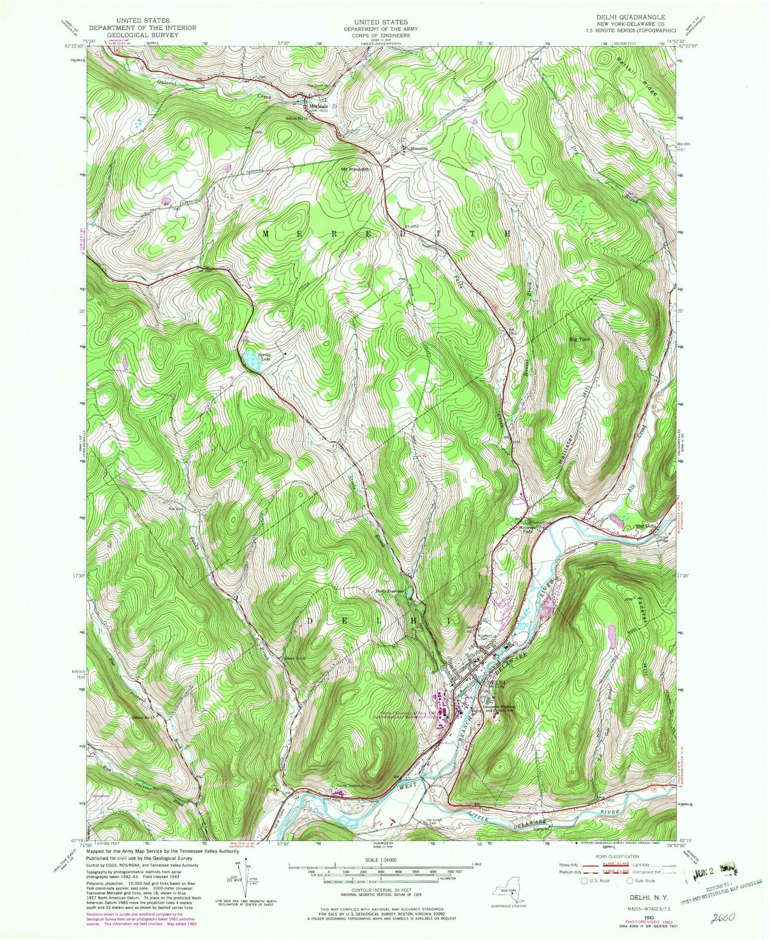 Classic USGS Delhi New York 7.5'x7.5' Topo Map Image