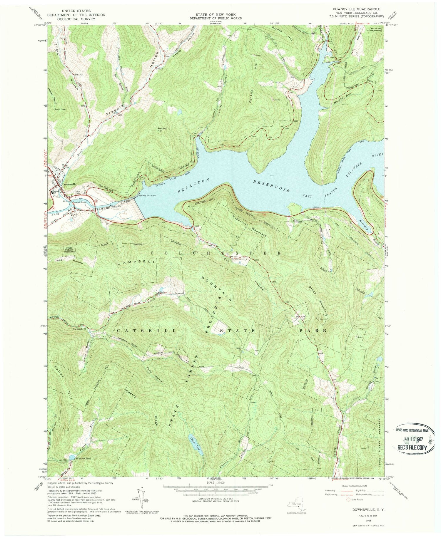 Classic USGS Downsville New York 7.5'x7.5' Topo Map Image