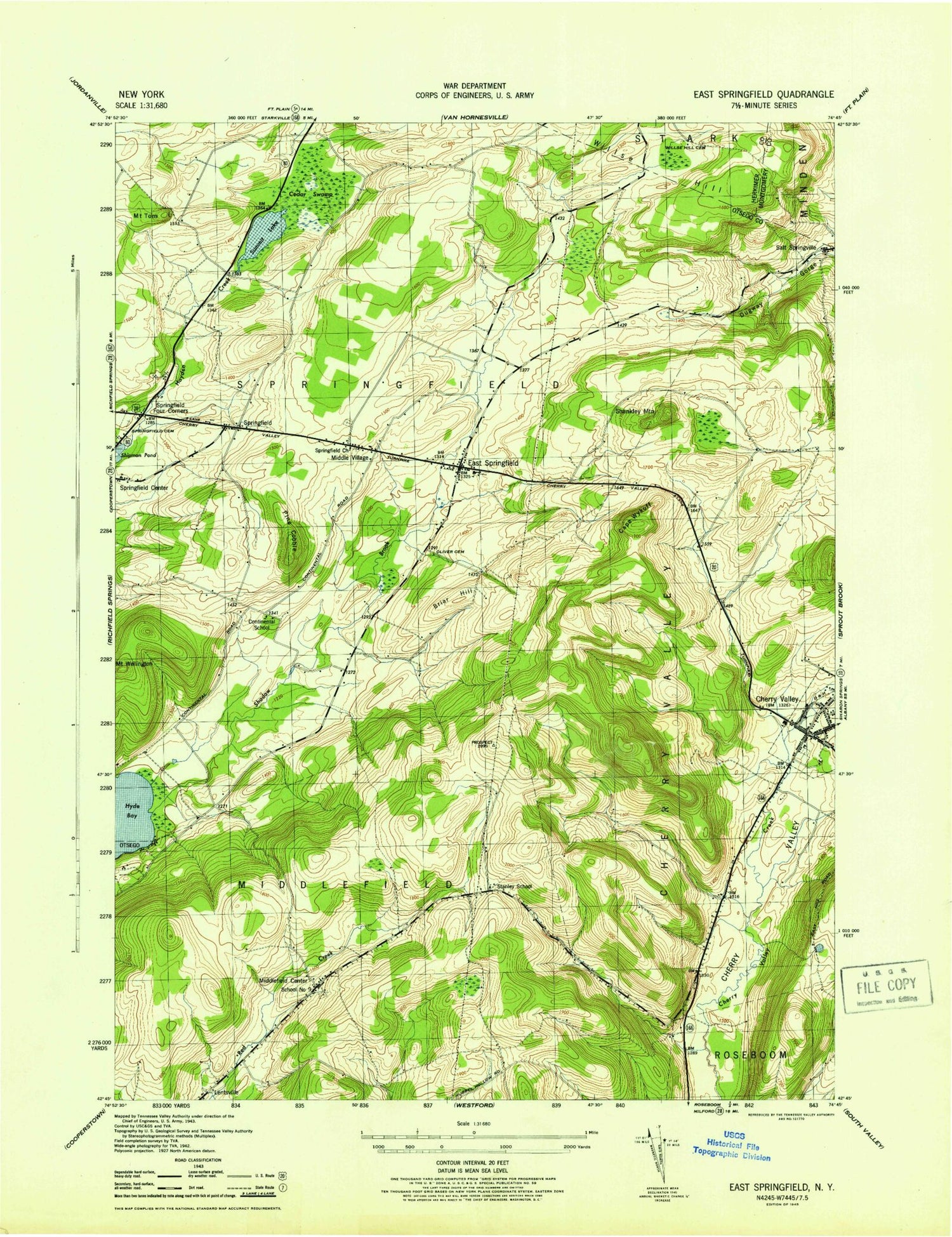 Classic USGS East Springfield New York 7.5'x7.5' Topo Map Image