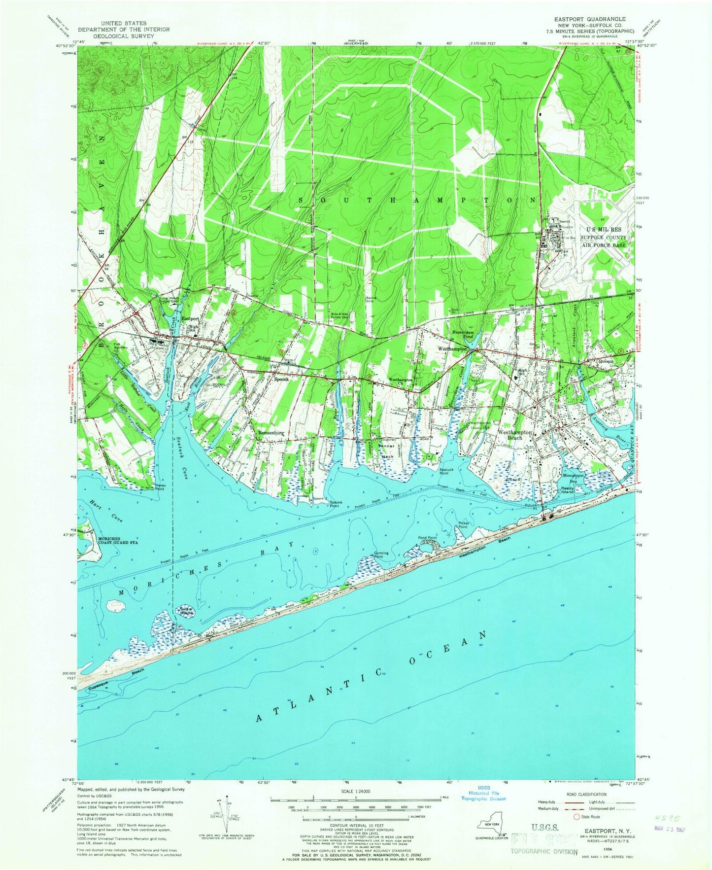 Classic USGS Eastport New York 7.5'x7.5' Topo Map Image