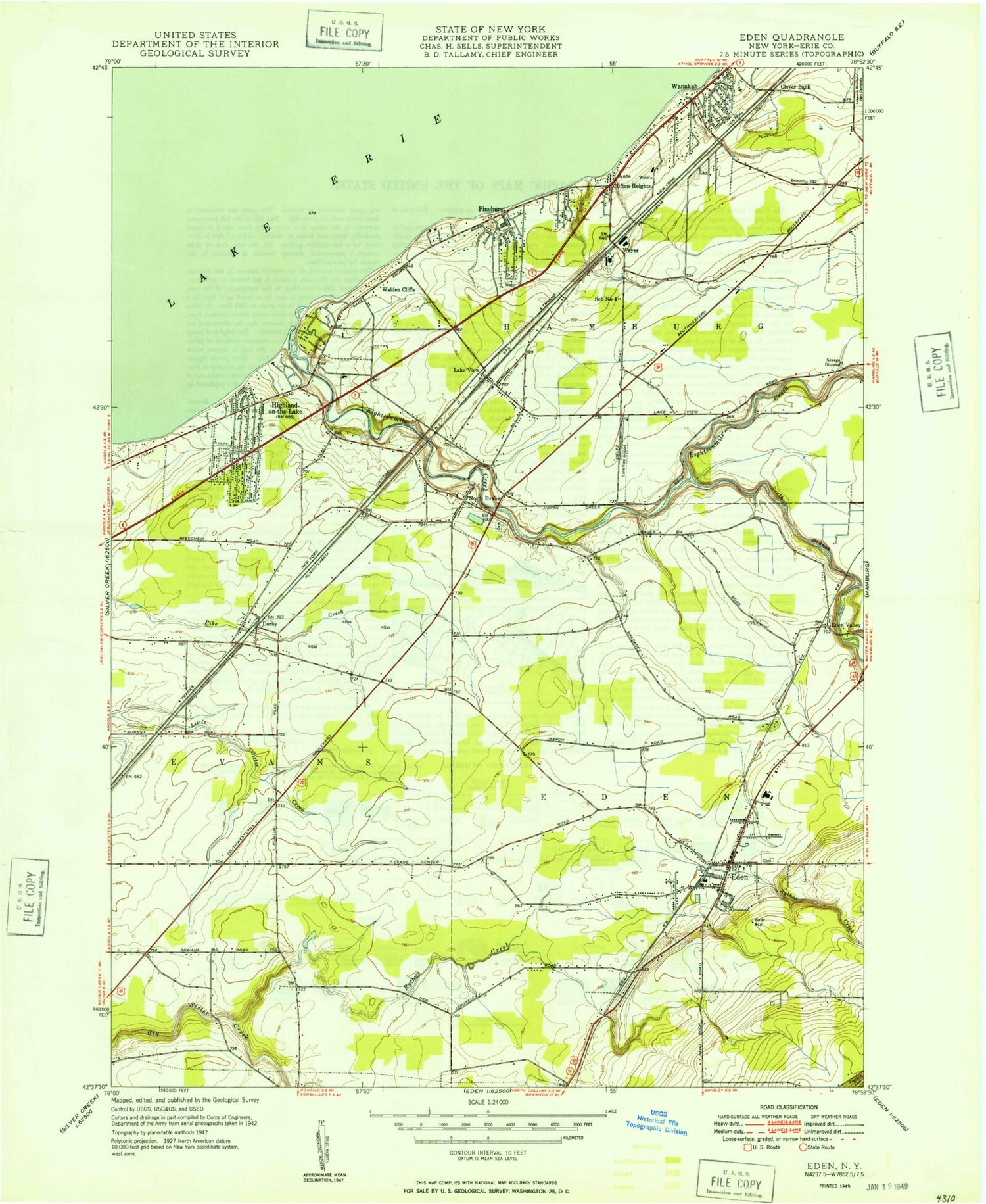 Classic USGS Eden New York 7.5'x7.5' Topo Map Image