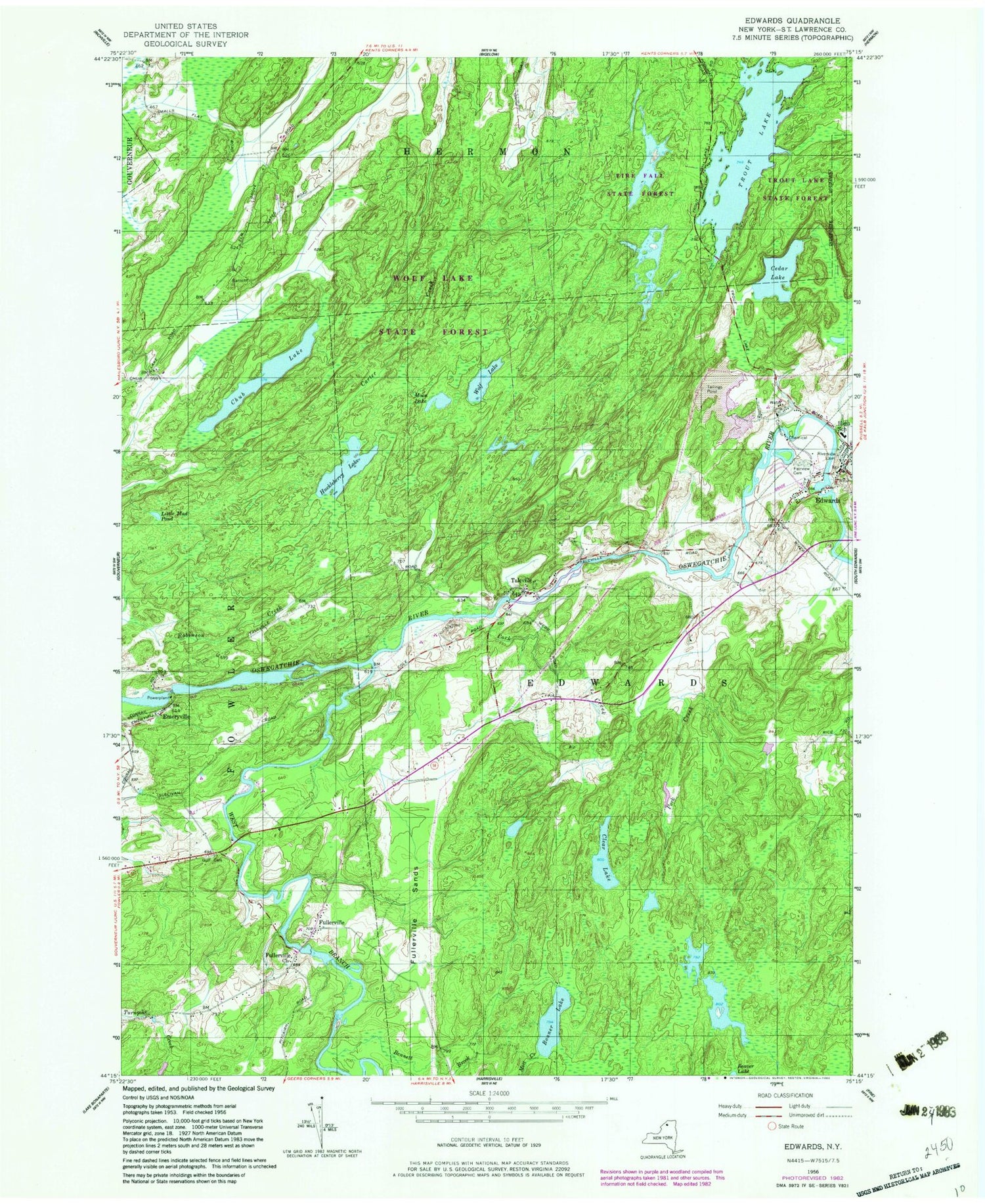 Classic USGS Edwards New York 7.5'x7.5' Topo Map Image