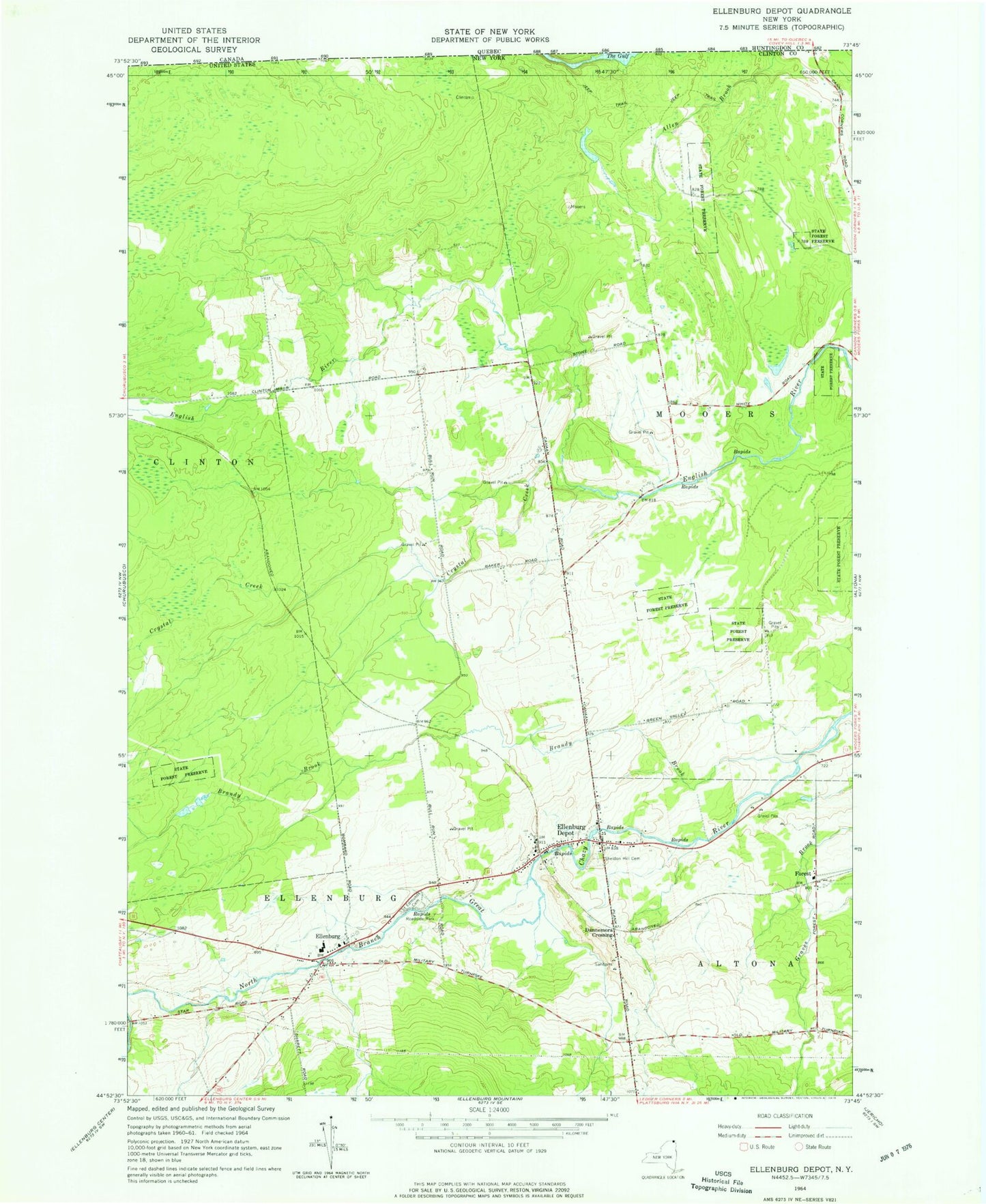 Classic USGS Ellenburg Depot New York 7.5'x7.5' Topo Map Image