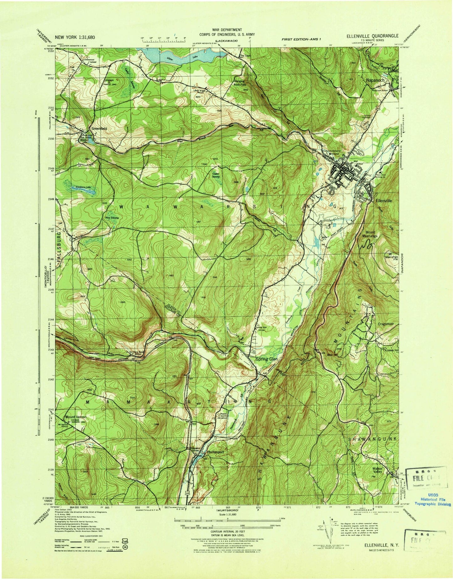 Classic USGS Ellenville New York 7.5'x7.5' Topo Map Image