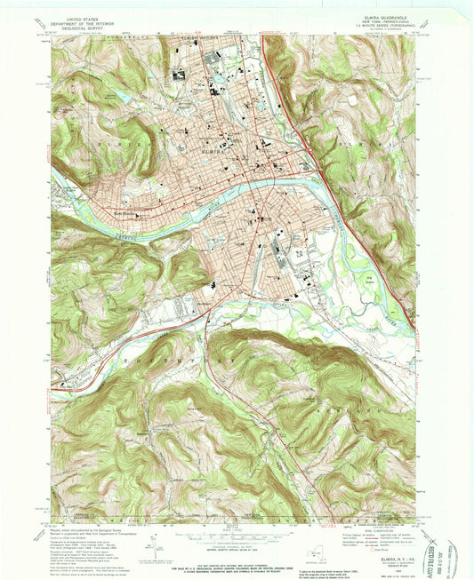Classic USGS Elmira New York 7.5'x7.5' Topo Map Image