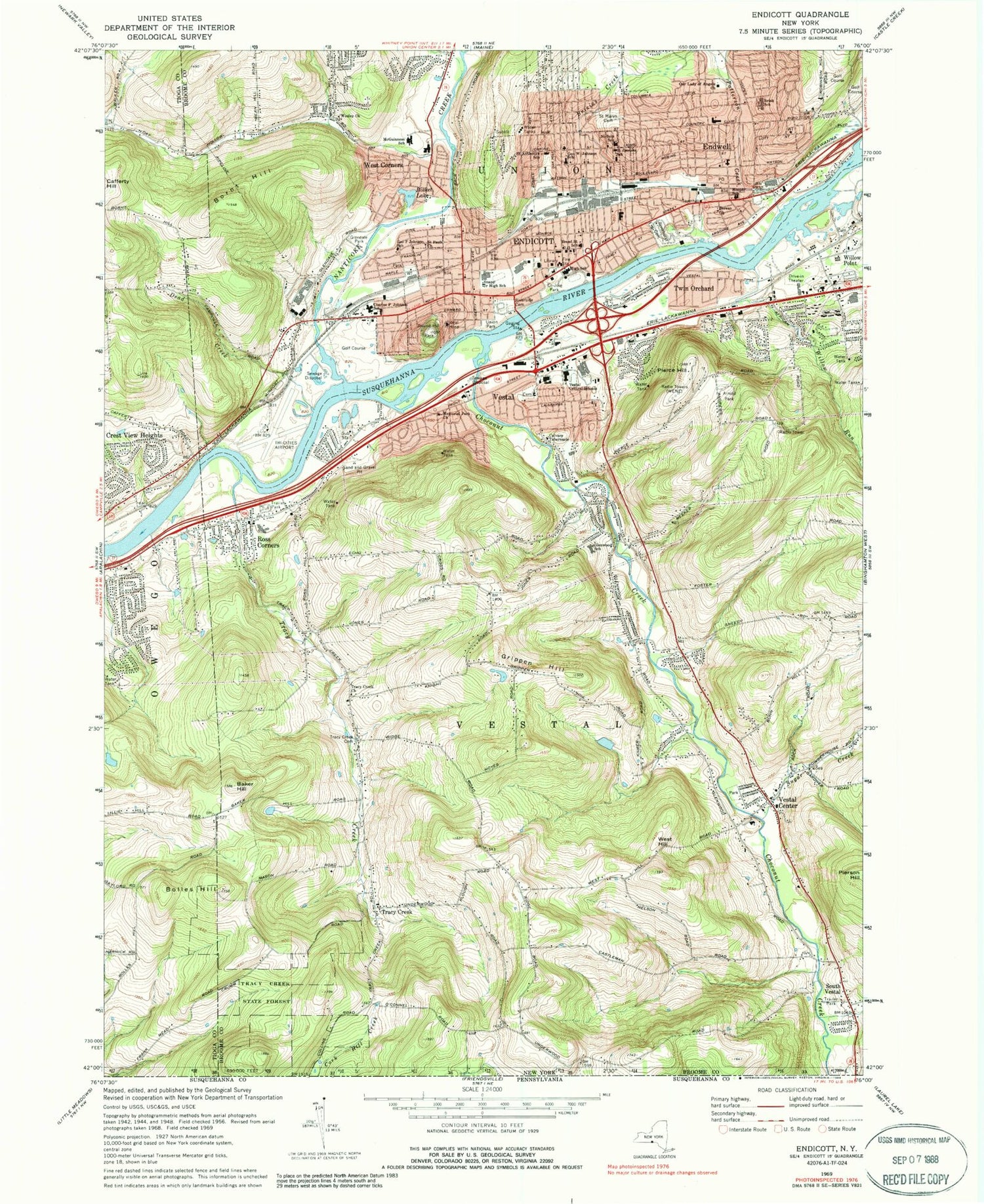 Classic USGS Endicott New York 7.5'x7.5' Topo Map Image