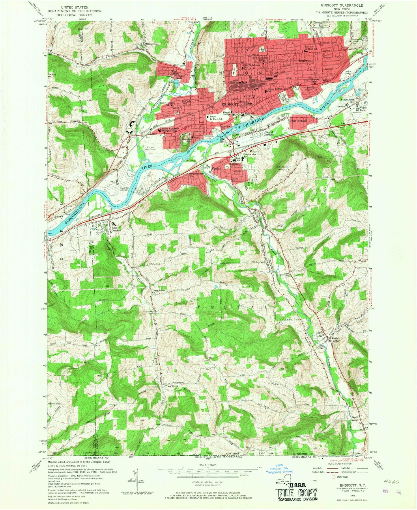 Classic USGS Endicott New York 7.5'x7.5' Topo Map Image