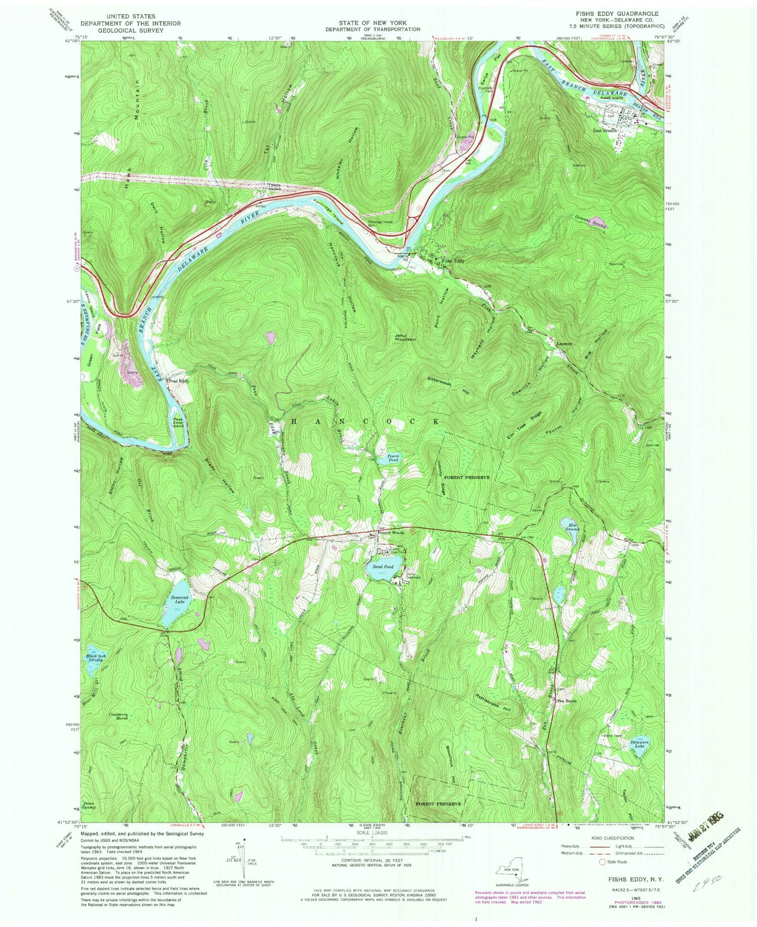 Classic USGS Fishs Eddy New York 7.5'x7.5' Topo Map Image
