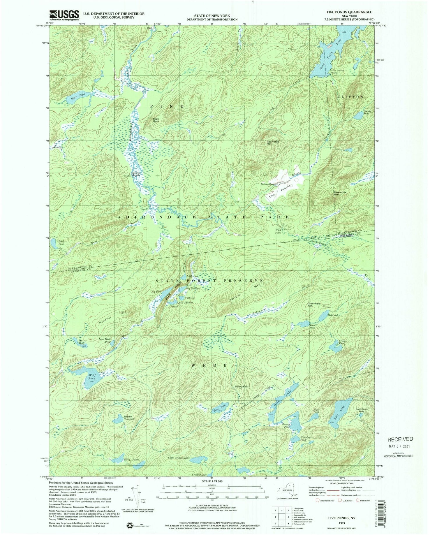 USGS Classic Five Ponds New York 7.5'x7.5' Topo Map Image