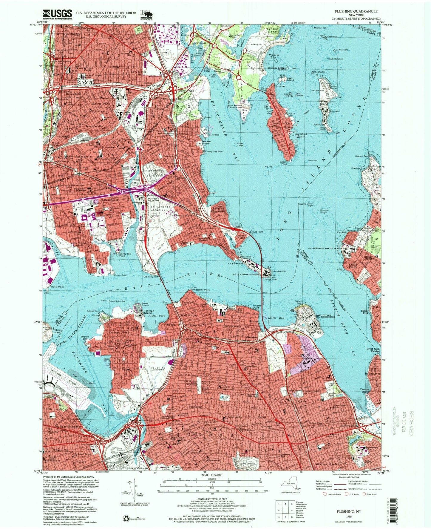 Classic USGS Flushing New York 7.5'x7.5' Topo Map Image