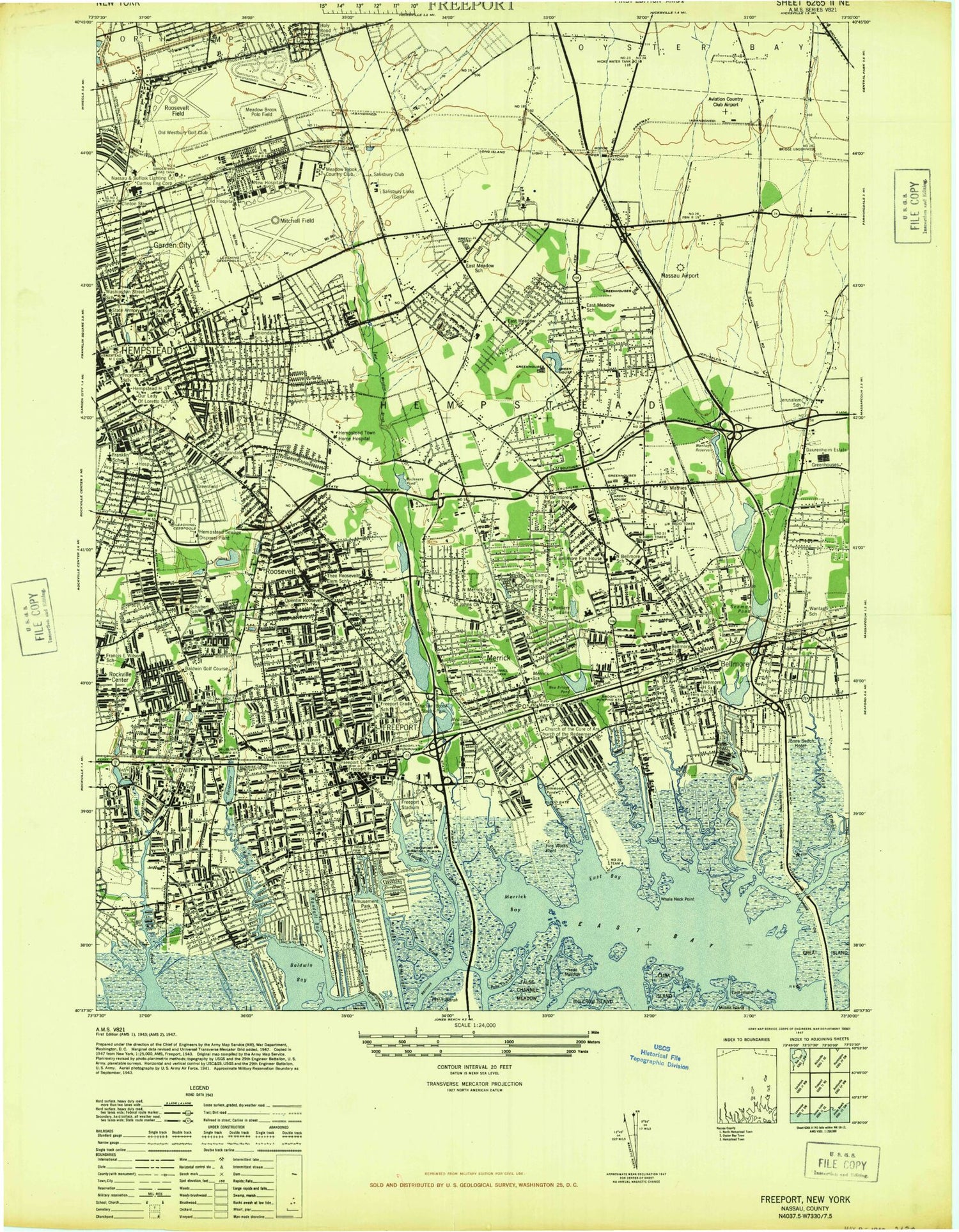 Classic USGS Freeport New York 7.5'x7.5' Topo Map Image