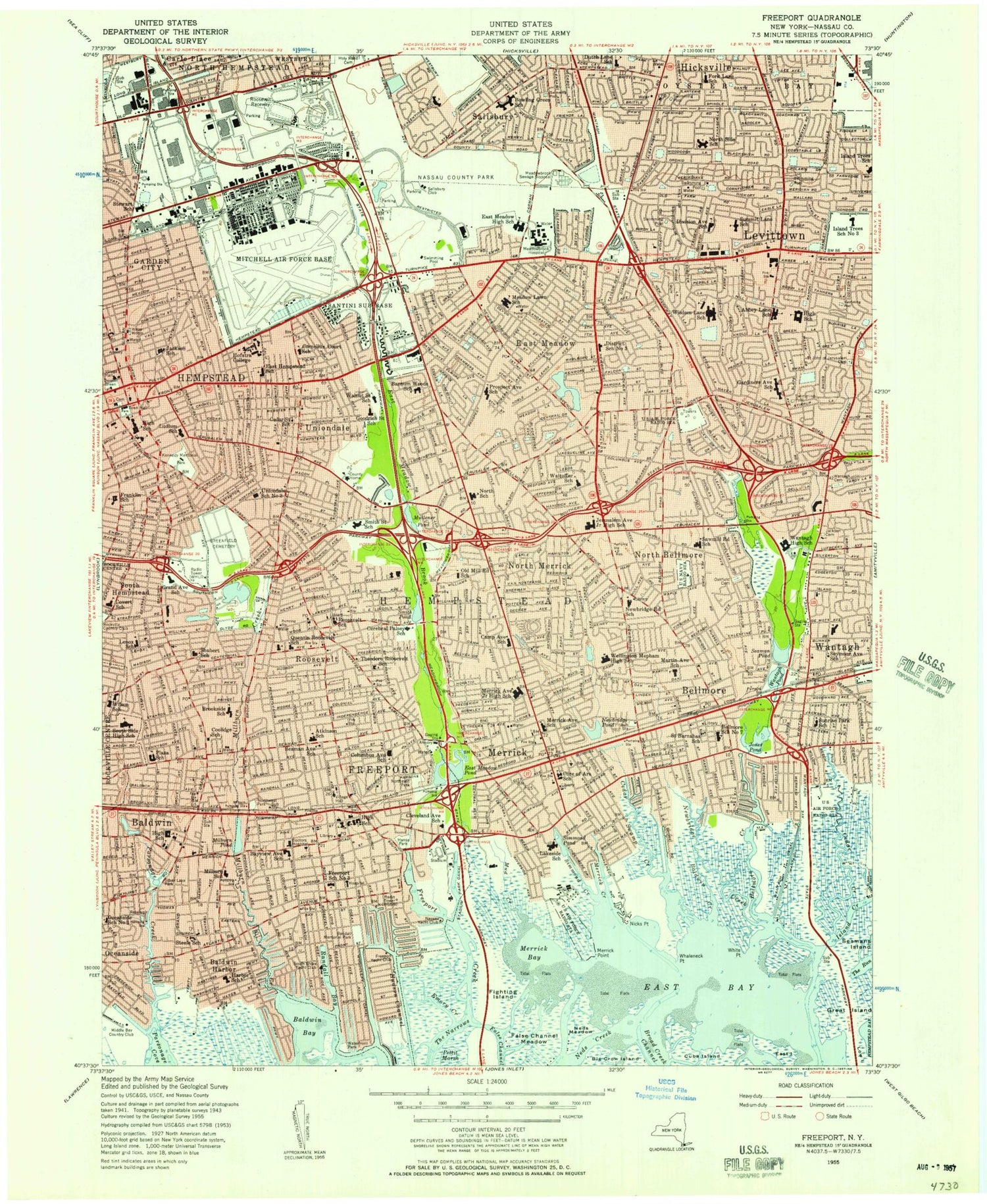 Classic USGS Freeport New York 7.5'x7.5' Topo Map Image