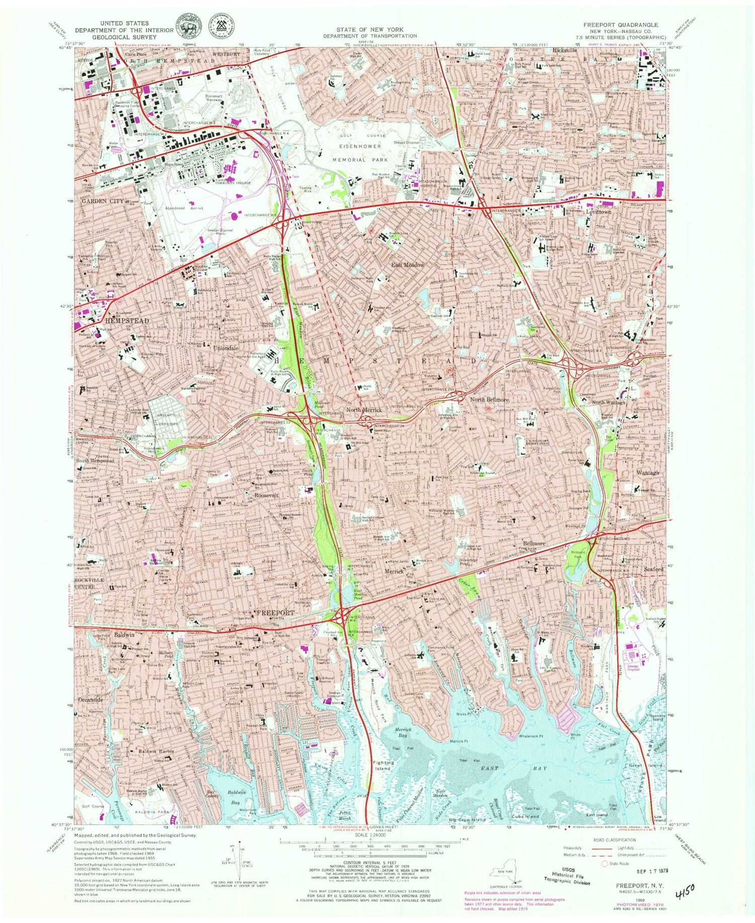 Classic USGS Freeport New York 7.5'x7.5' Topo Map Image