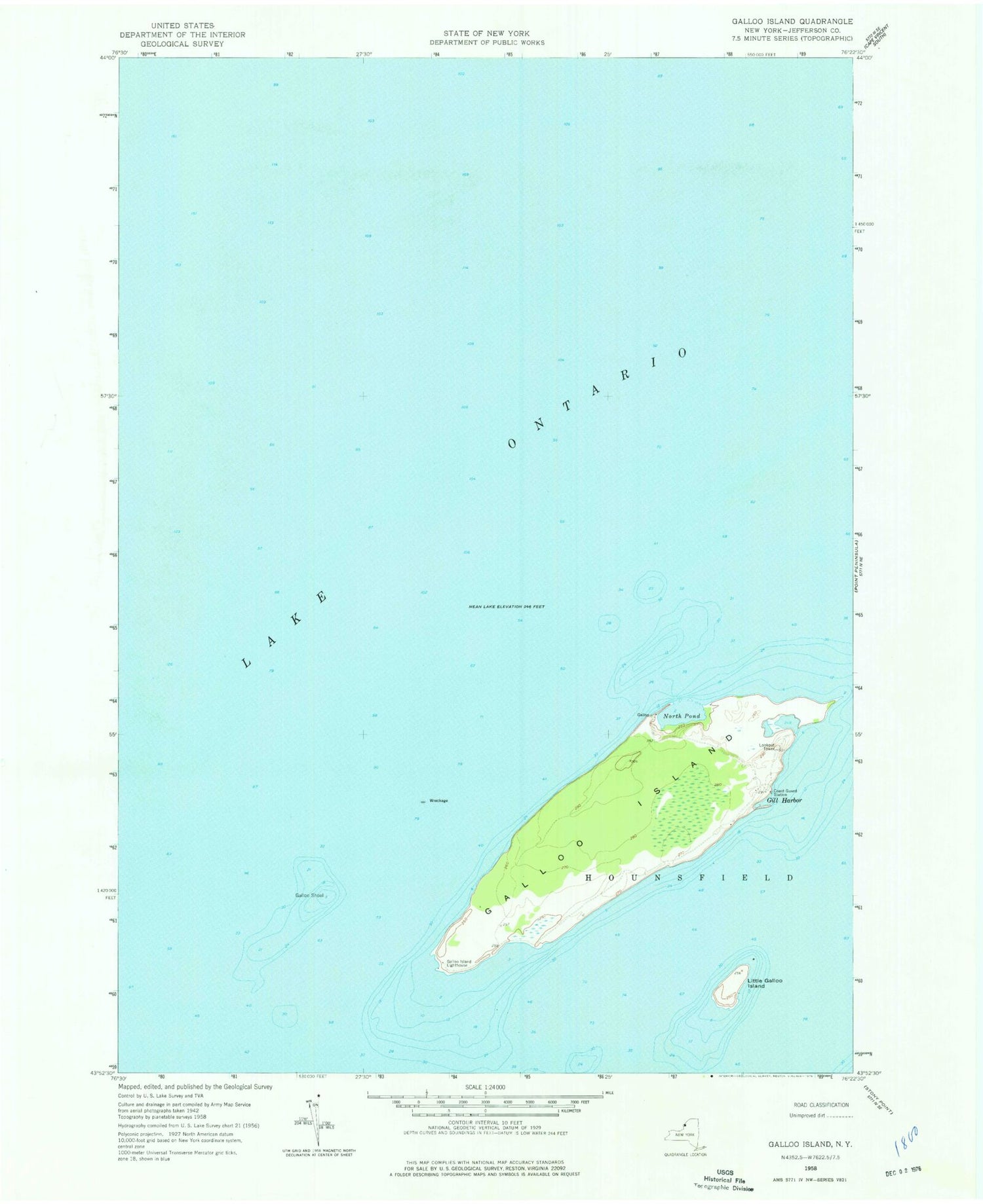 Classic USGS Galloo Island New York 7.5'x7.5' Topo Map Image