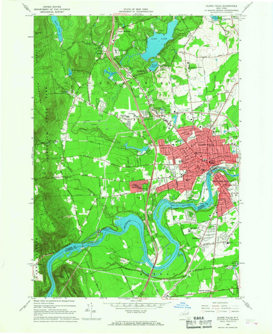 Classic USGS Glens Falls New York 7.5'x7.5' Topo Map Image