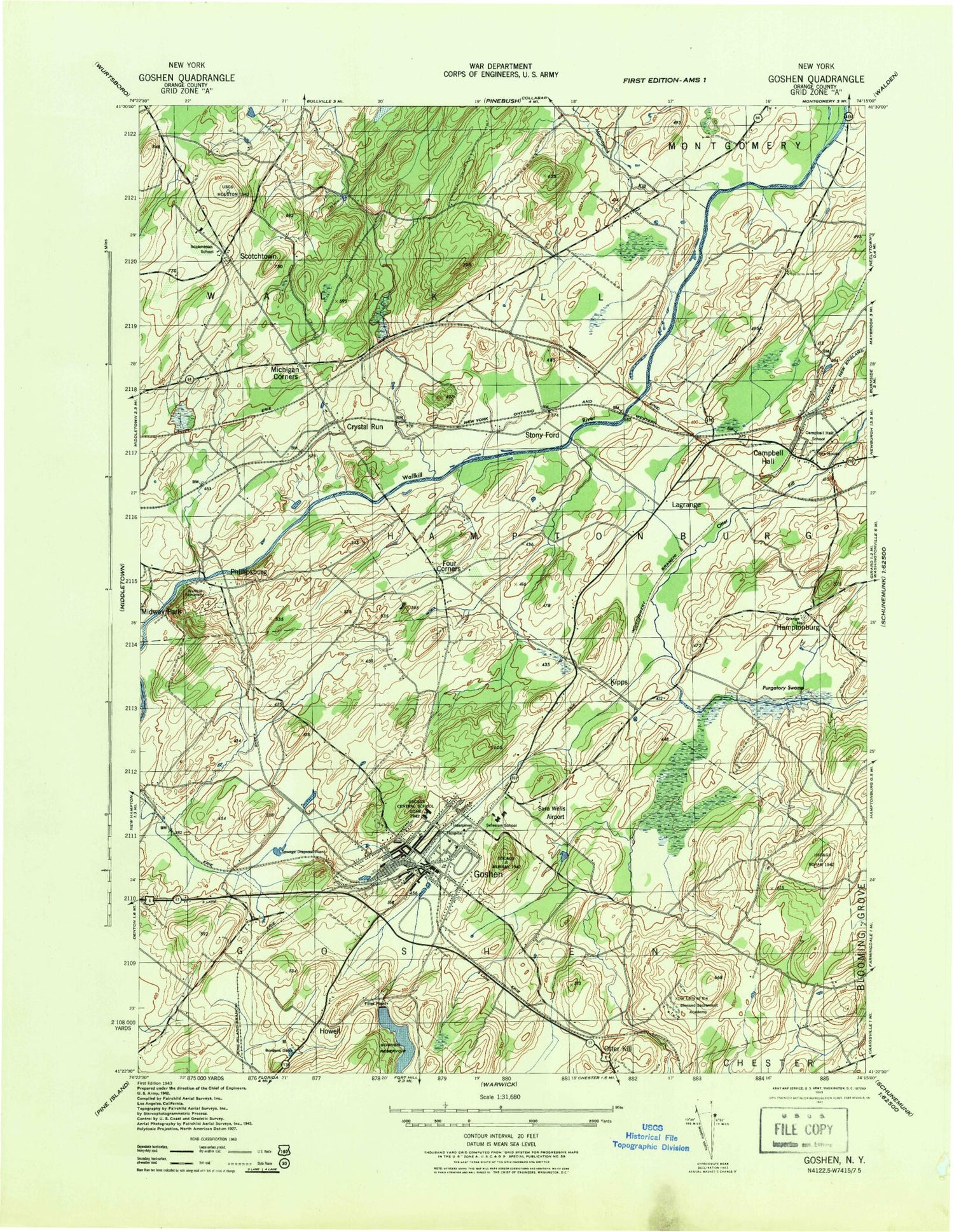 Classic USGS Goshen New York 7.5'x7.5' Topo Map Image