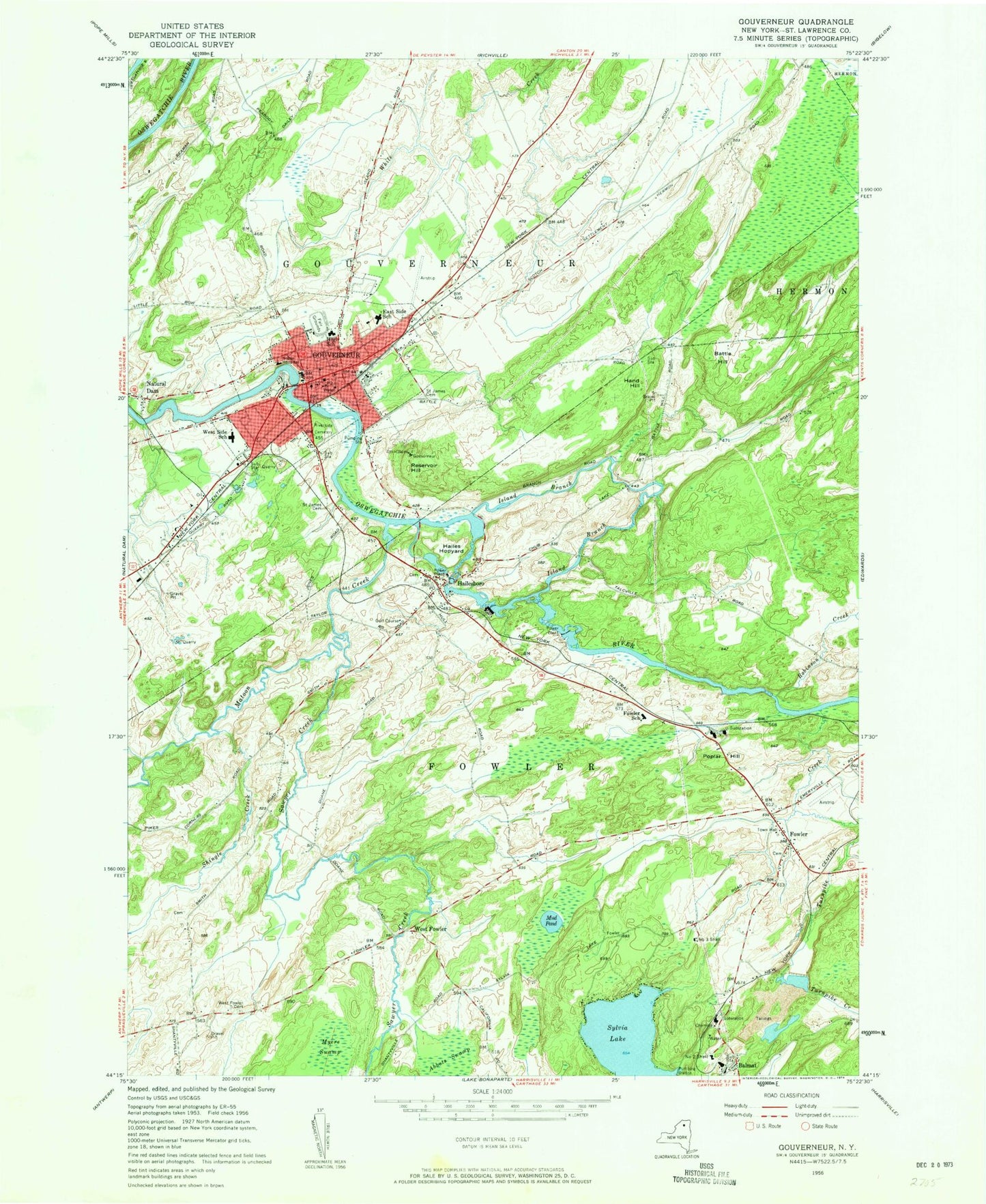 Classic USGS Gouverneur New York 7.5'x7.5' Topo Map Image