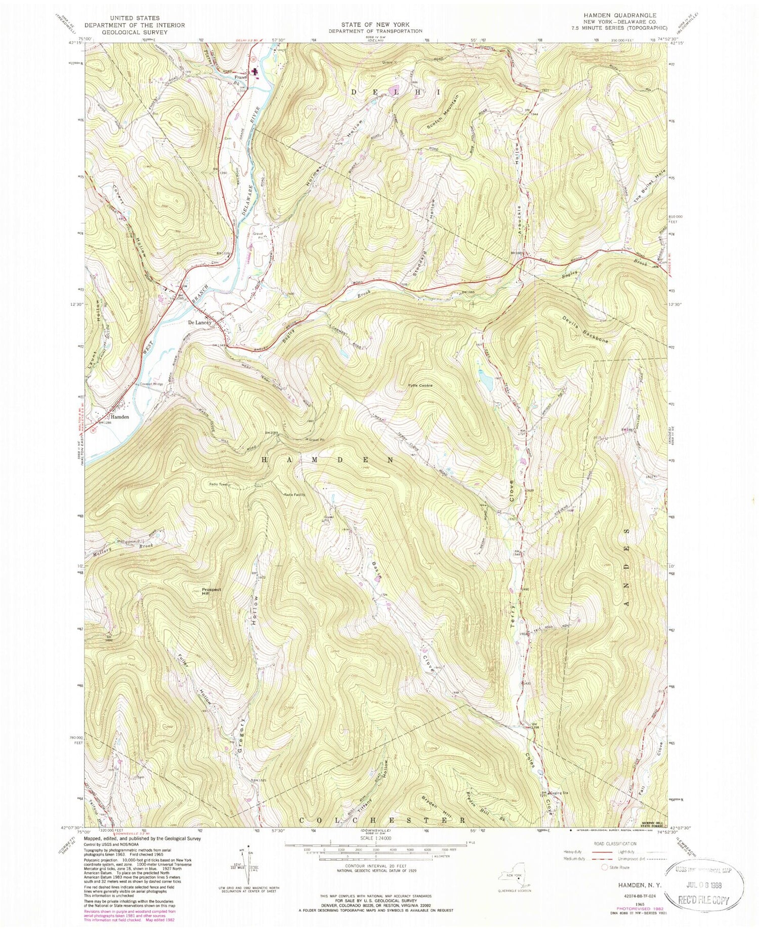 Classic USGS Hamden New York 7.5'x7.5' Topo Map Image