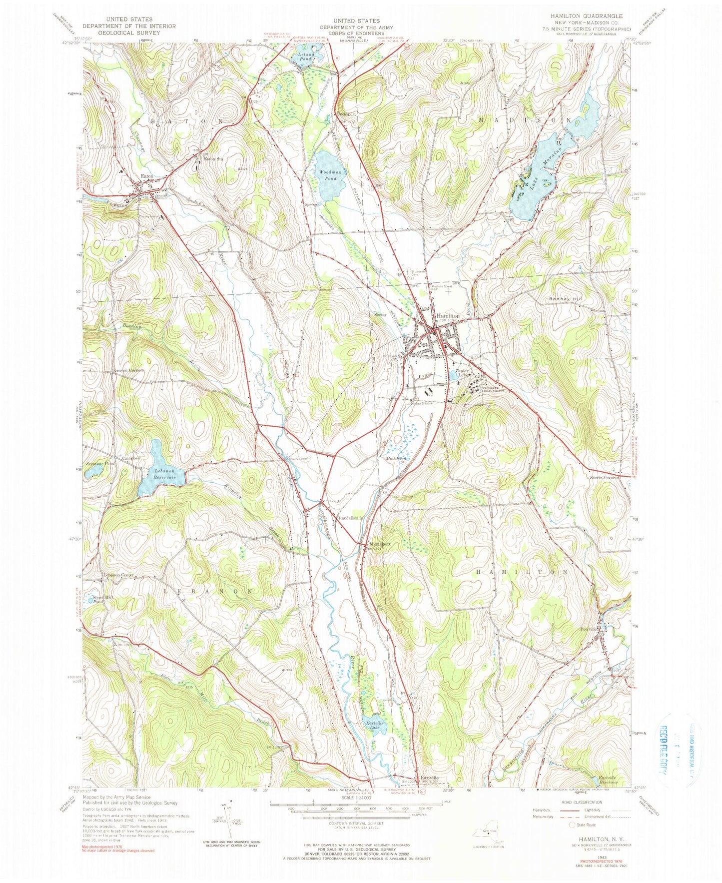 Classic USGS Hamilton New York 7.5'x7.5' Topo Map Image