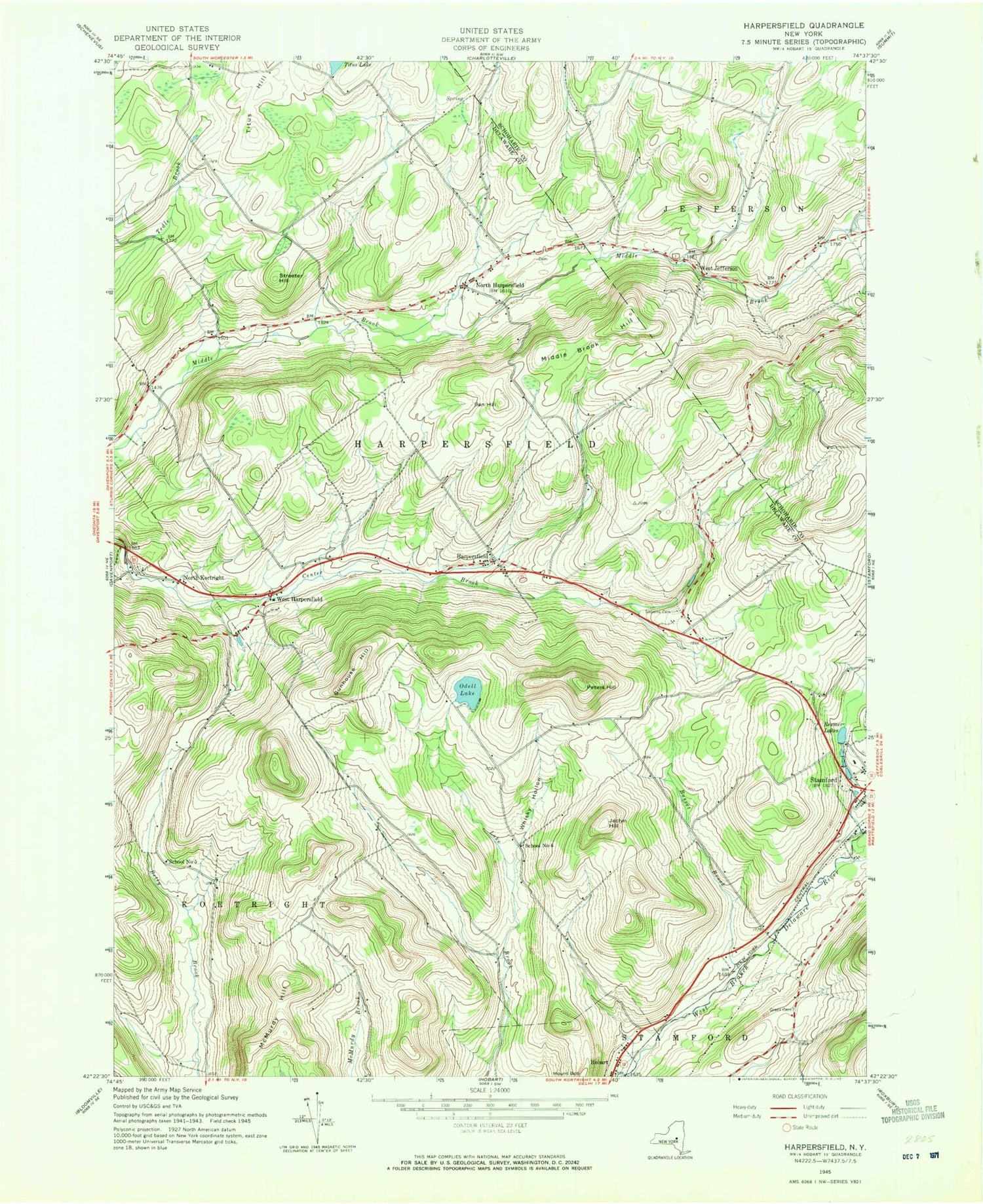 Classic USGS Harpersfield New York 7.5'x7.5' Topo Map Image
