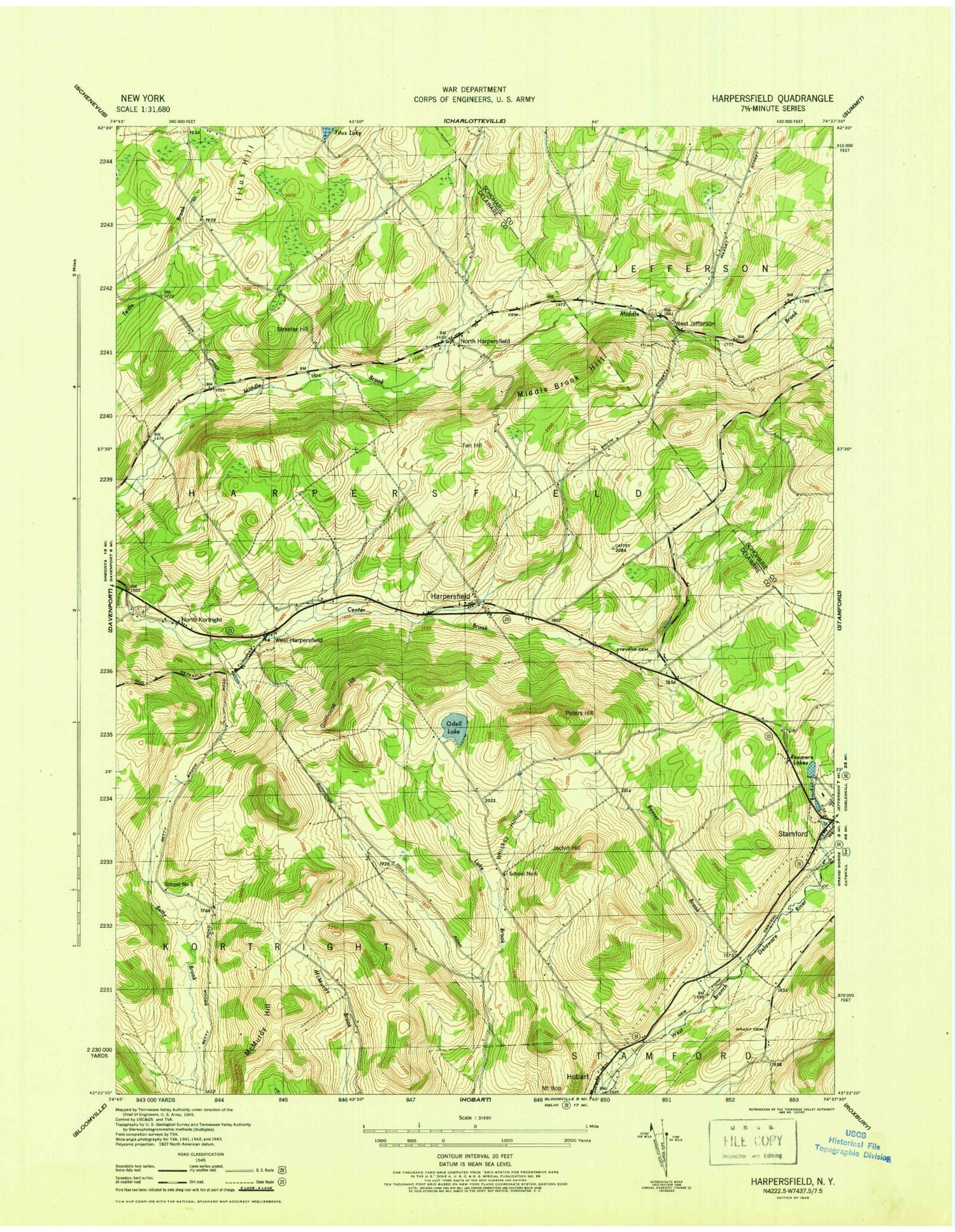 Classic USGS Harpersfield New York 7.5'x7.5' Topo Map Image
