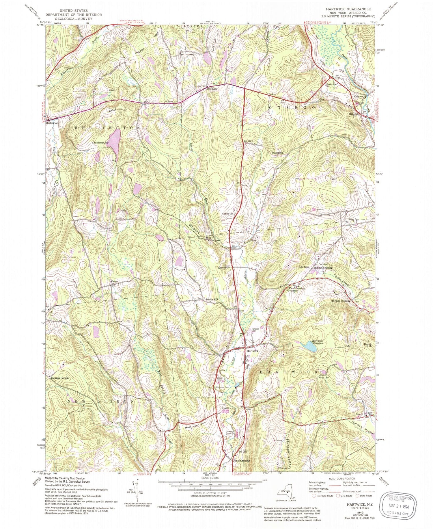 Classic USGS Hartwick New York 7.5'x7.5' Topo Map Image