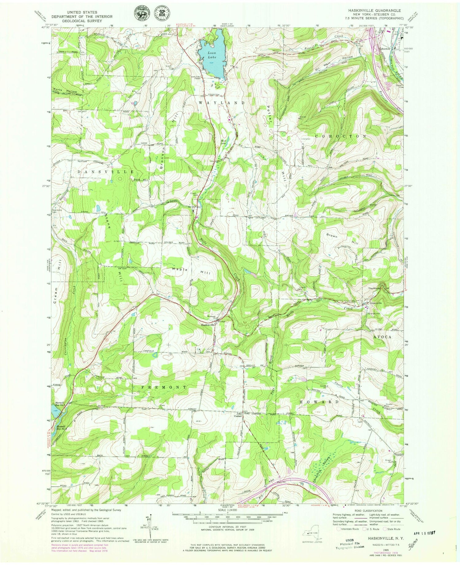 Classic USGS Haskinville New York 7.5'x7.5' Topo Map Image