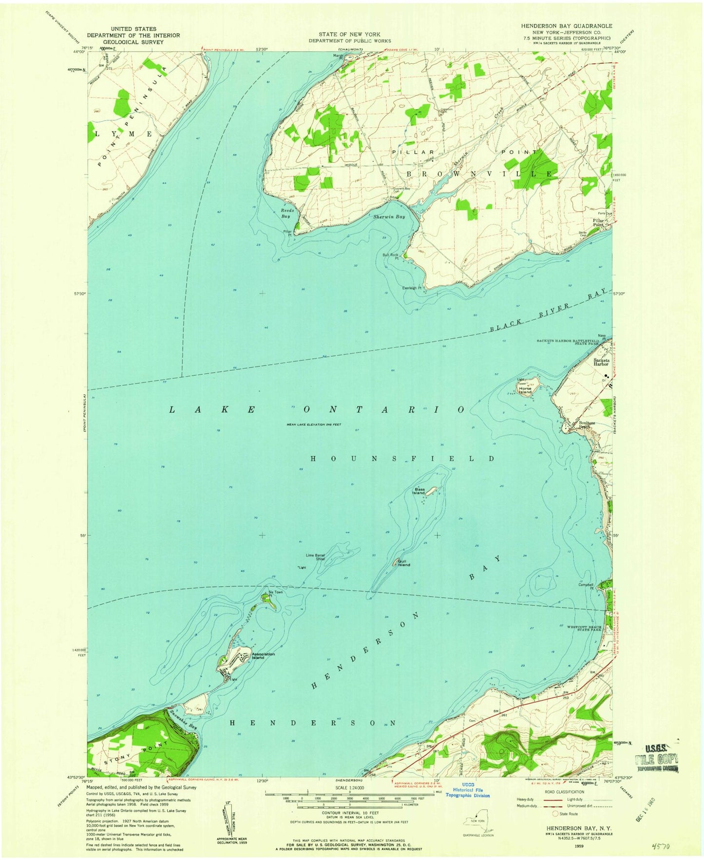 Classic USGS Henderson Bay New York 7.5'x7.5' Topo Map Image