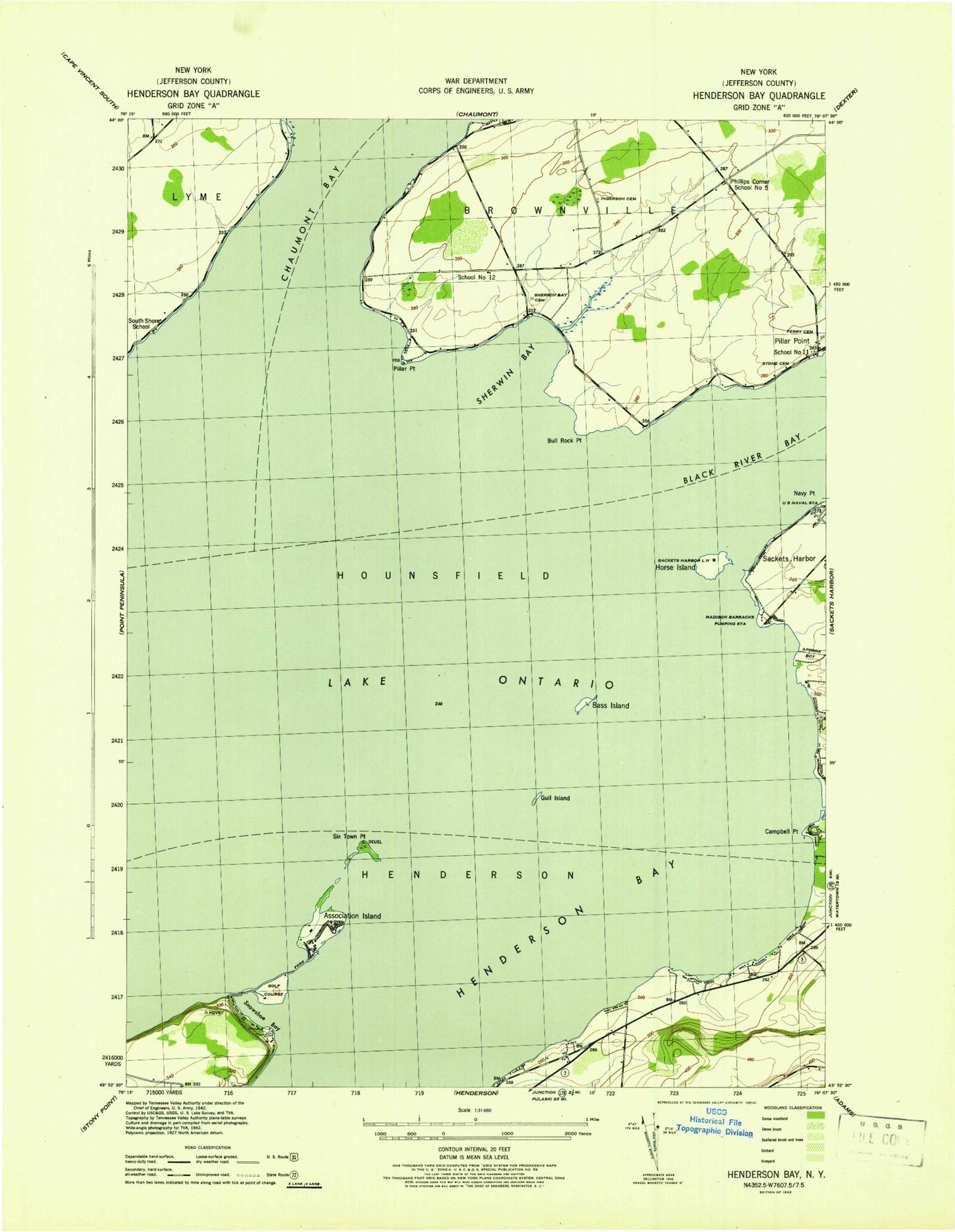 Classic USGS Henderson Bay New York 7.5'x7.5' Topo Map Image