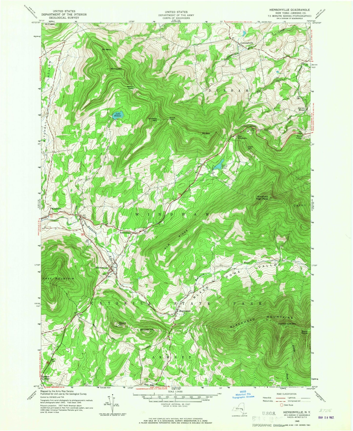 Classic USGS Hensonville New York 7.5'x7.5' Topo Map Image