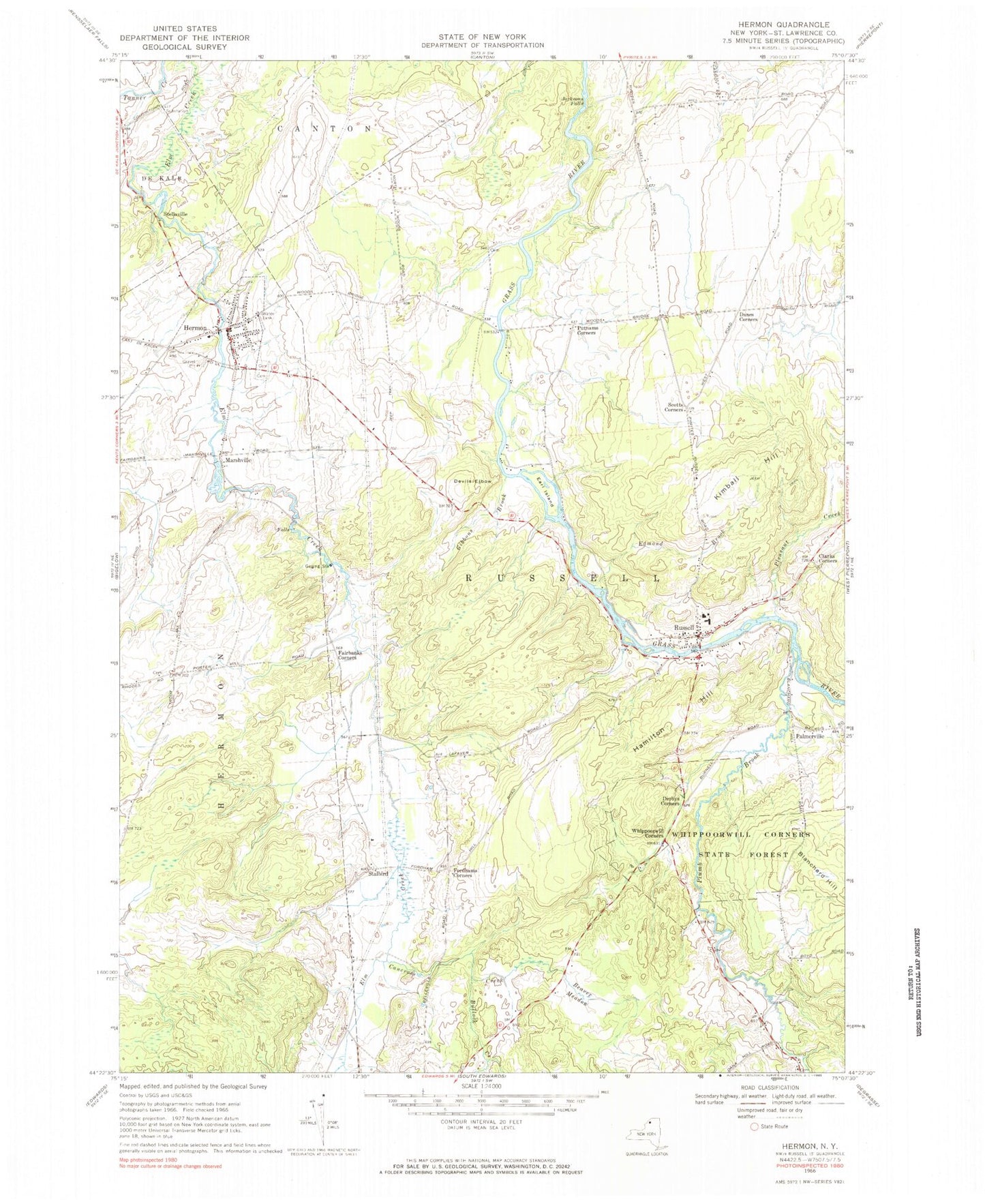 Classic USGS Hermon New York 7.5'x7.5' Topo Map Image