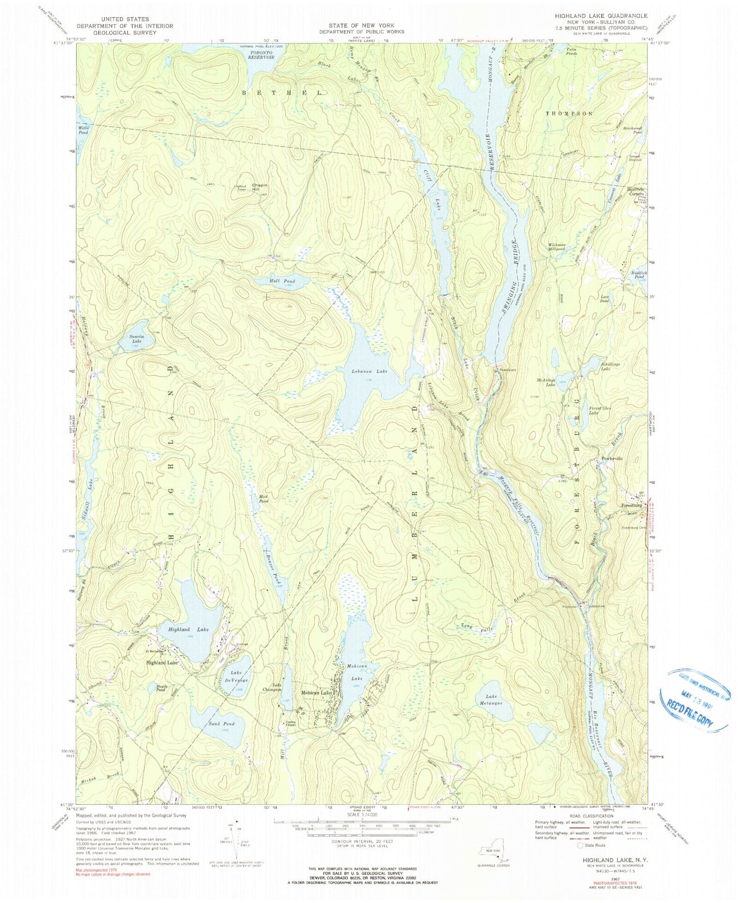 Classic USGS Highland Lake New York 7.5'x7.5' Topo Map Image