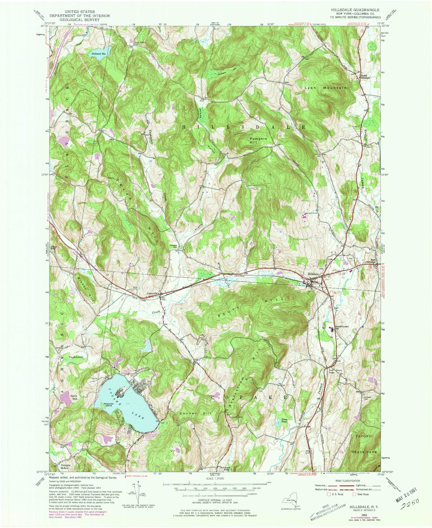 Classic USGS Hillsdale New York 7.5'x7.5' Topo Map Image