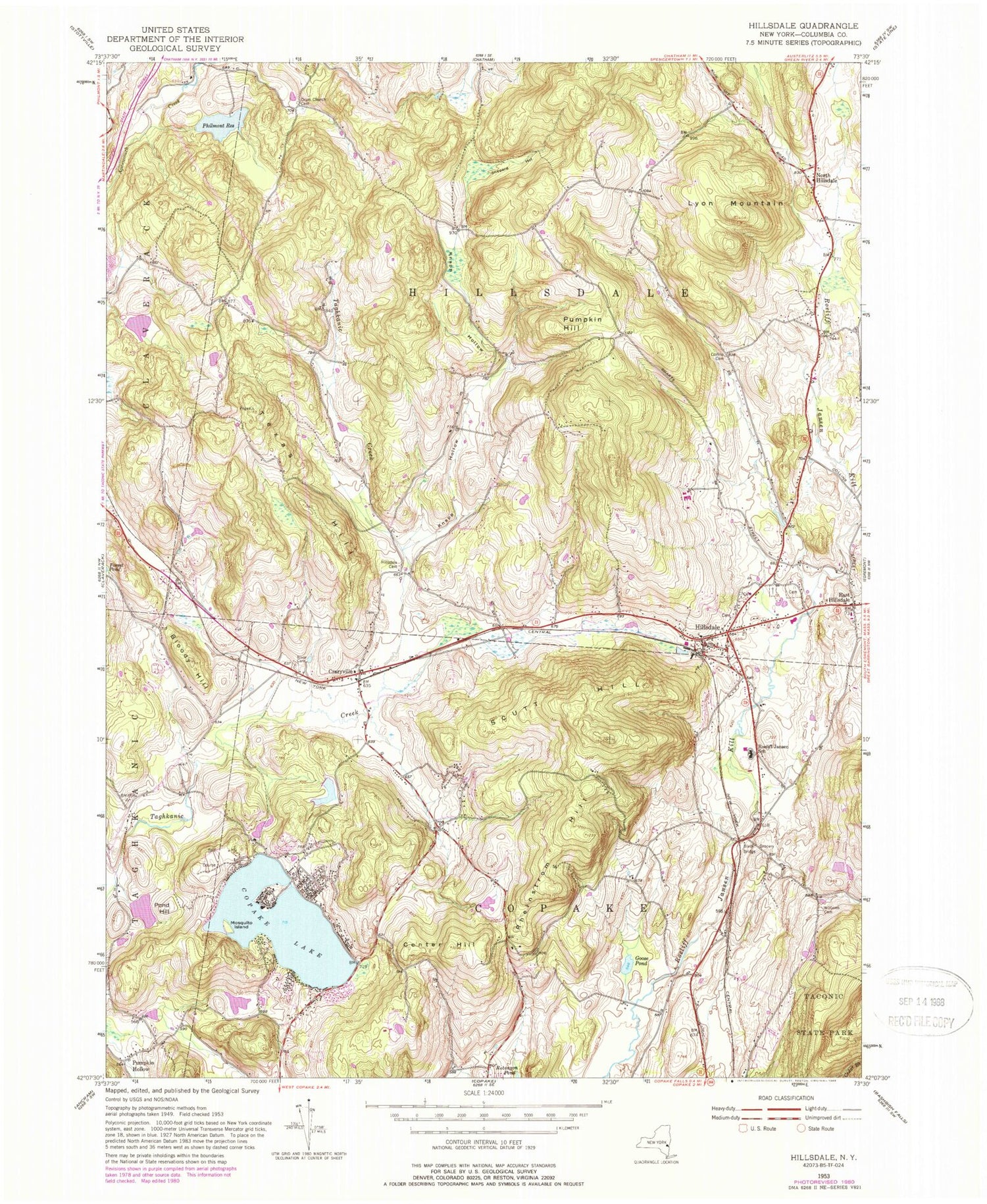 Classic USGS Hillsdale New York 7.5'x7.5' Topo Map Image