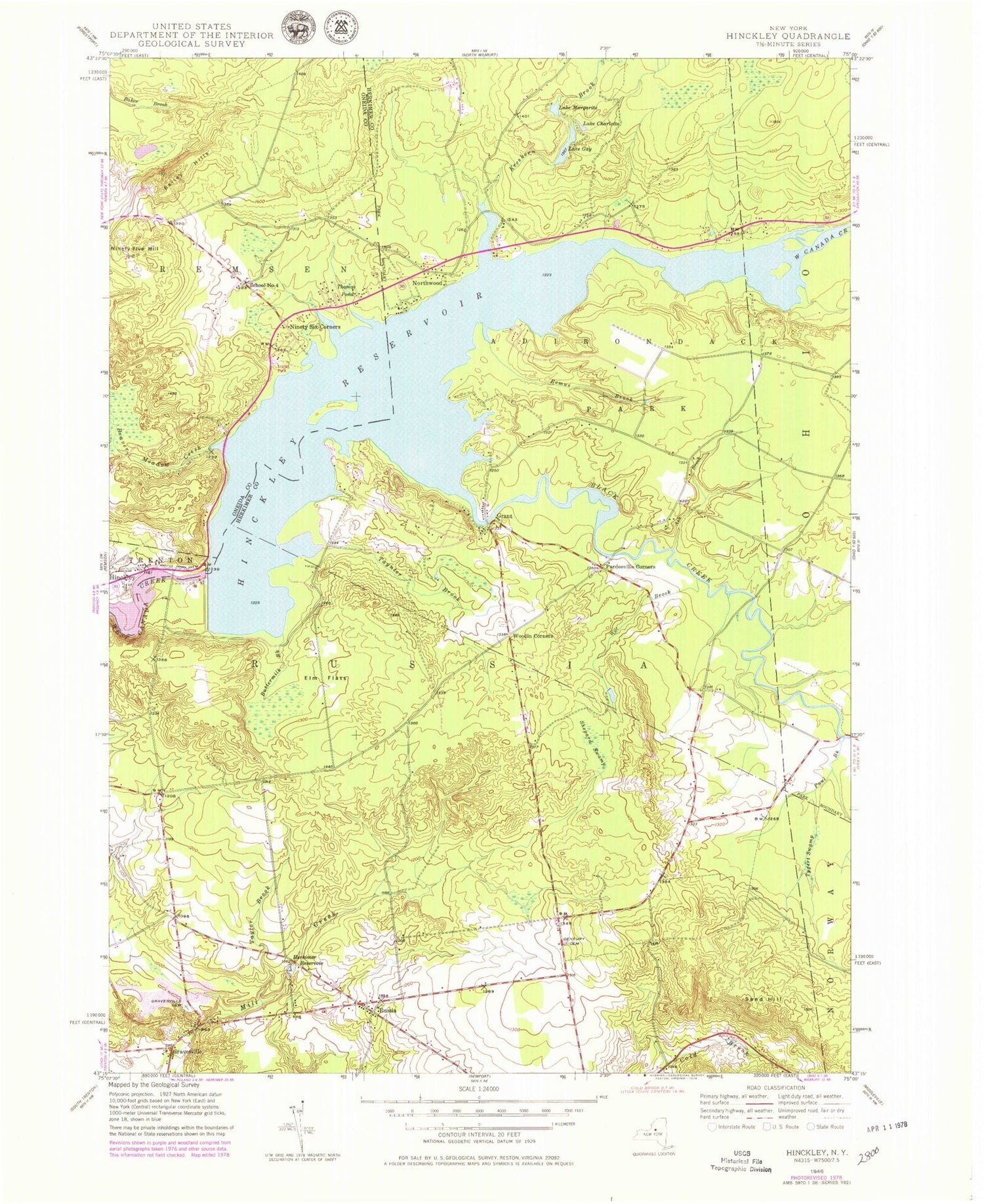 Classic USGS Hinckley New York 7.5'x7.5' Topo Map Image