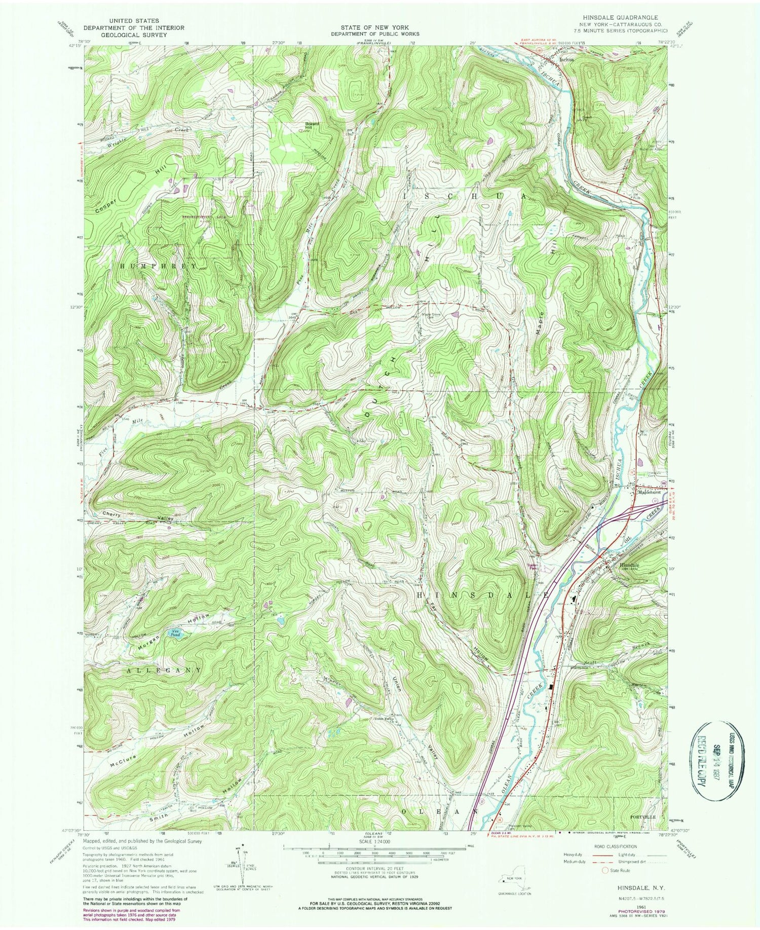 Classic USGS Hinsdale New York 7.5'x7.5' Topo Map Image